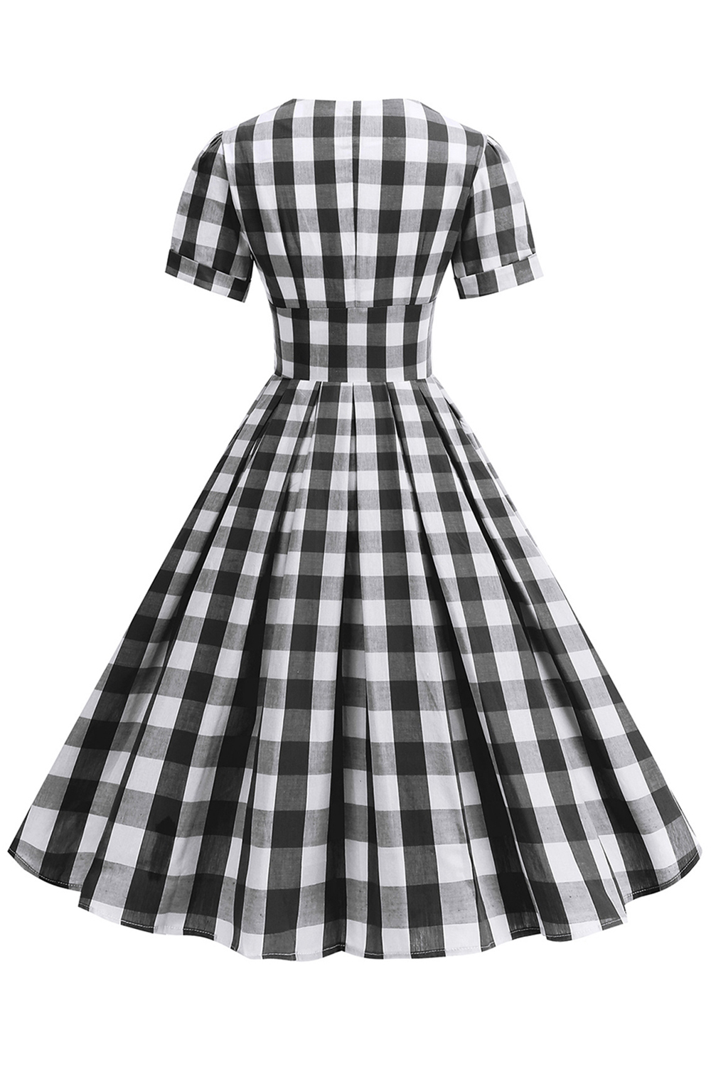 Elegant High-Waisted A-Line Black Checkered V-Neck Vintage Dress