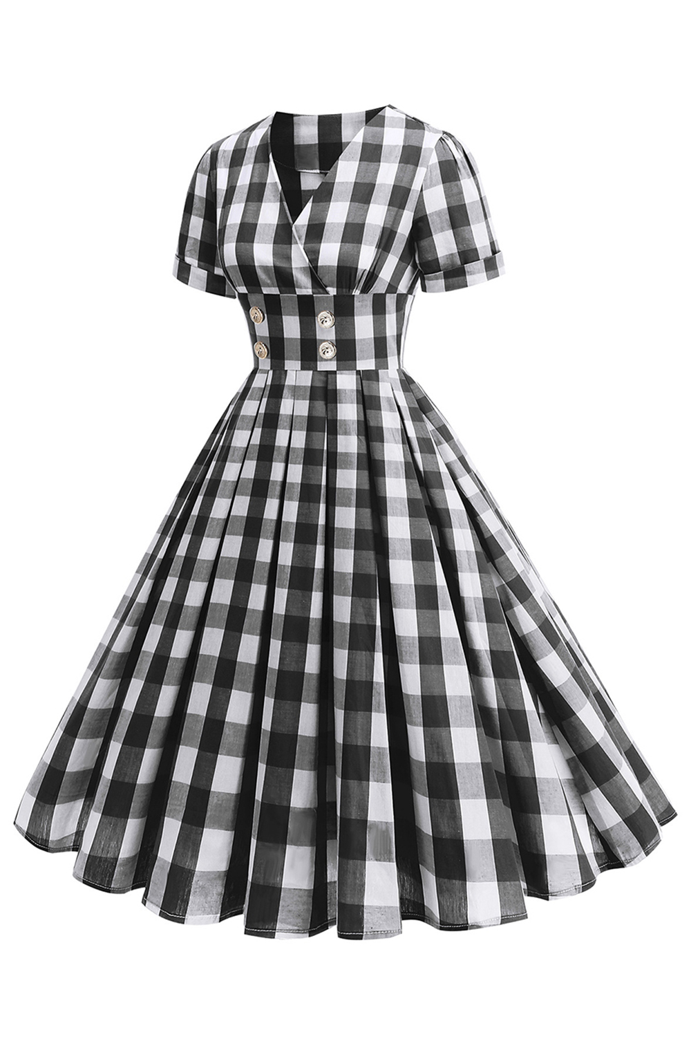 Elegant High-Waisted A-Line Black Checkered V-Neck Vintage Dress