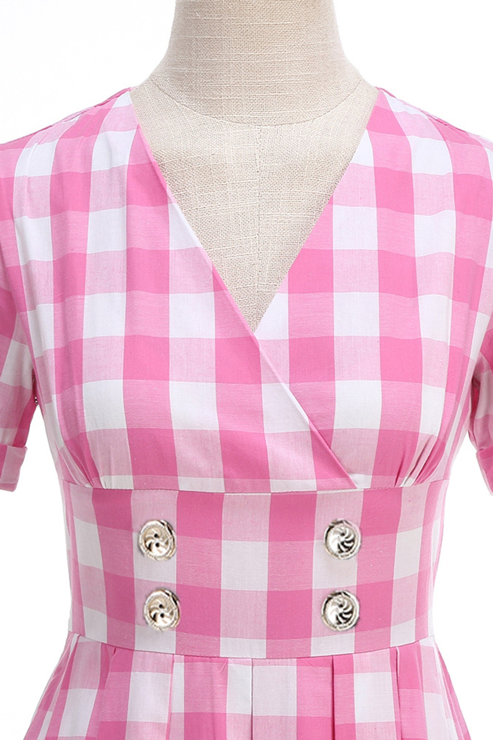 Elegant High-Waisted A-Line Black Checkered V-Neck Vintage Dress