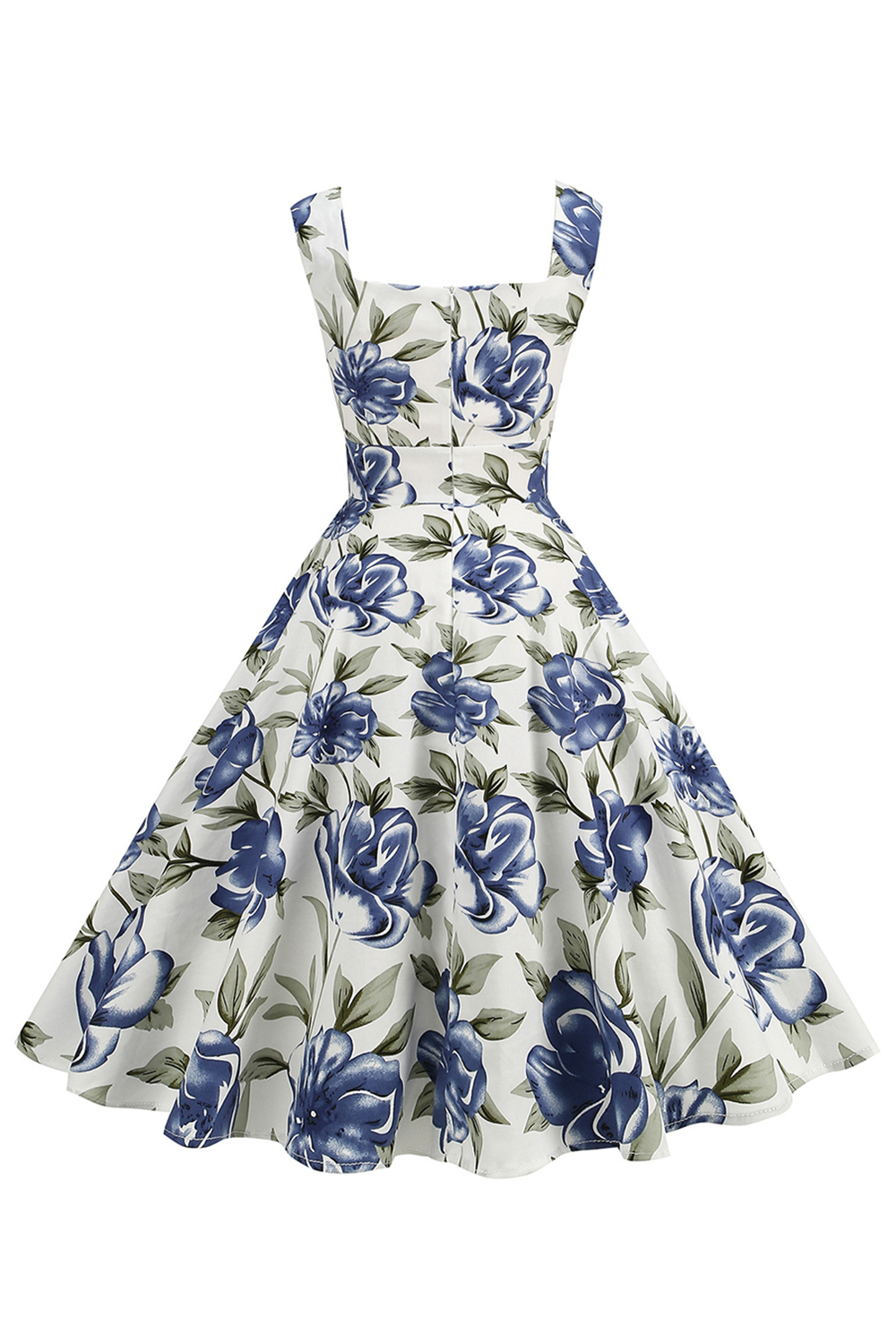 Elegant High-Waisted A-Line Blue Floral Vintage Dress
