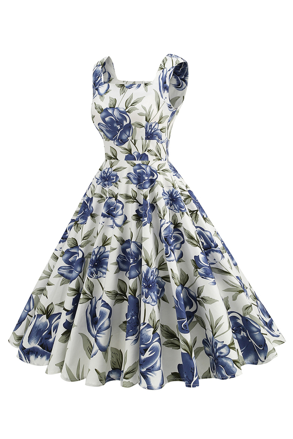 Elegant High-Waisted A-Line Blue Floral Vintage Dress