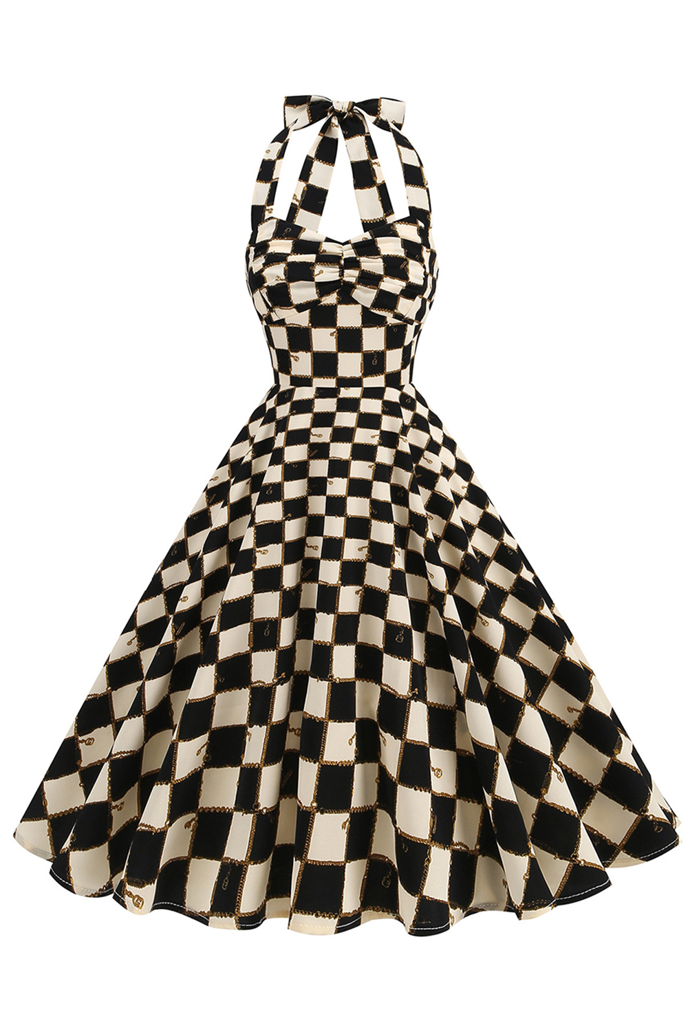 Elegant Vintage Black Grid 1950s A-Line Swing Dress with Halter Neckline