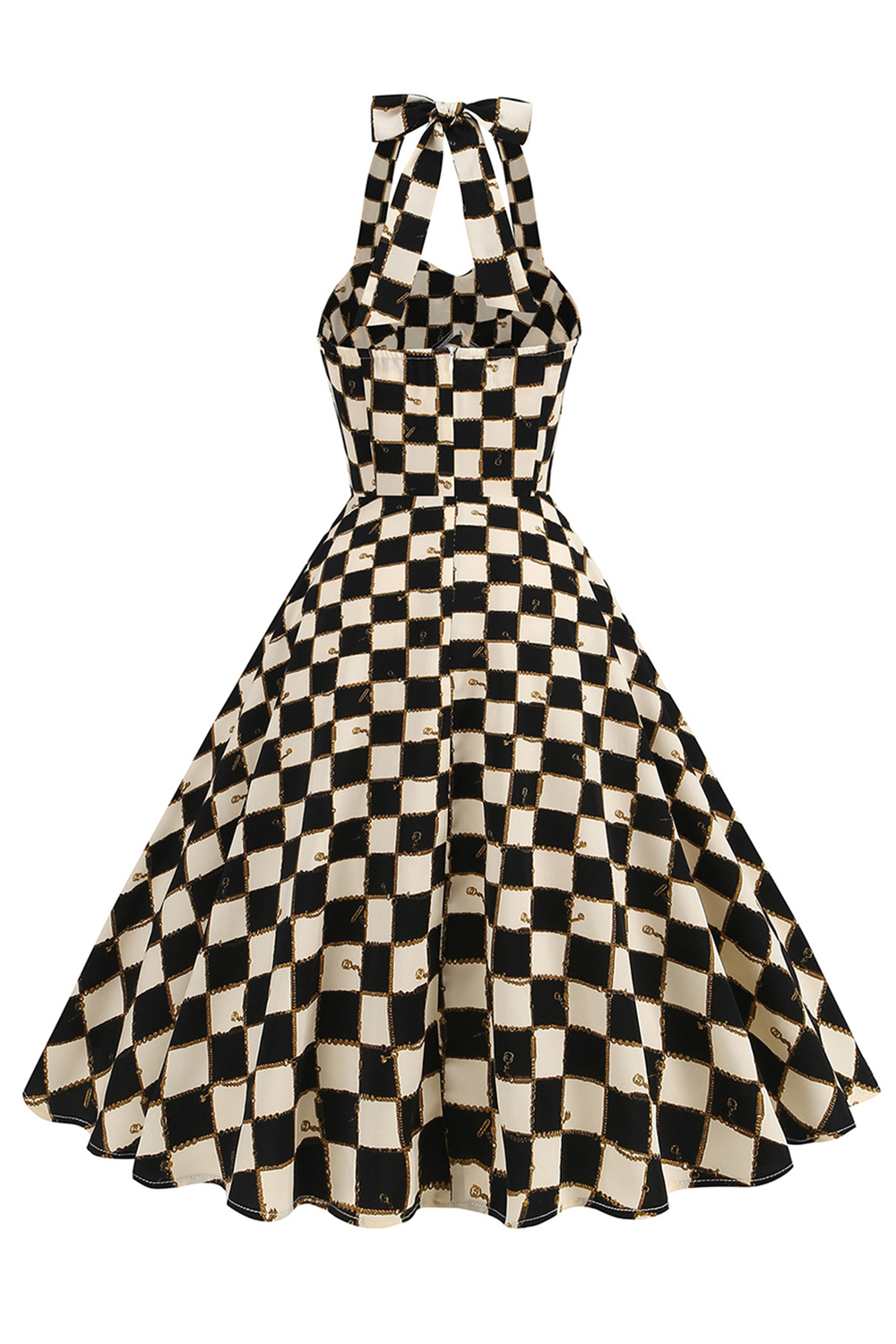 Elegant Vintage Black Grid 1950s A-Line Swing Dress with Halter Neckline