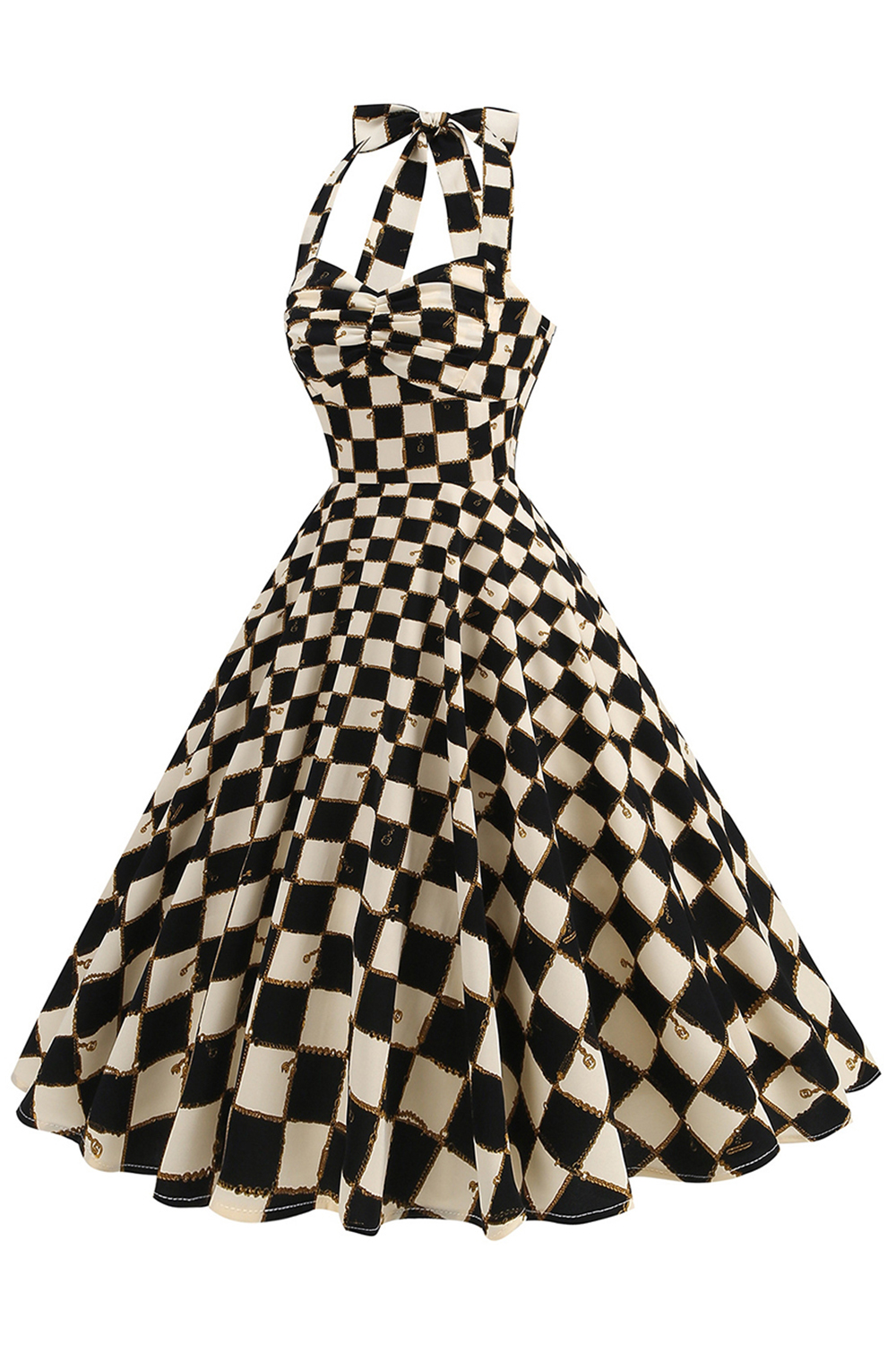 Elegant Vintage Black Grid 1950s A-Line Swing Dress with Halter Neckline