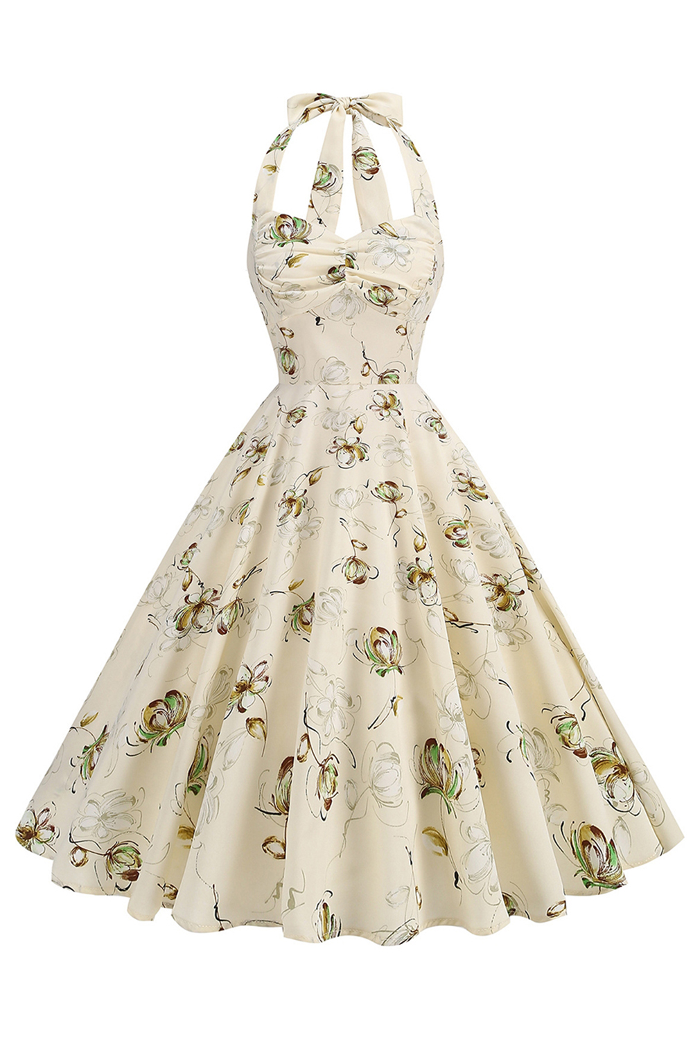 Elegant Vintage Black Grid 1950s A-Line Swing Dress with Halter Neckline