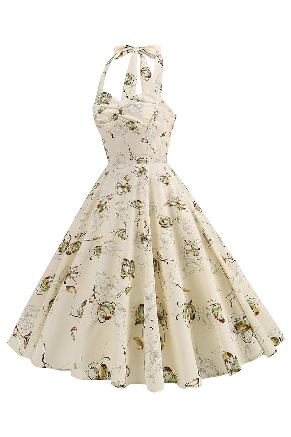 Elegant Vintage Black Grid 1950s A-Line Swing Dress with Halter Neckline