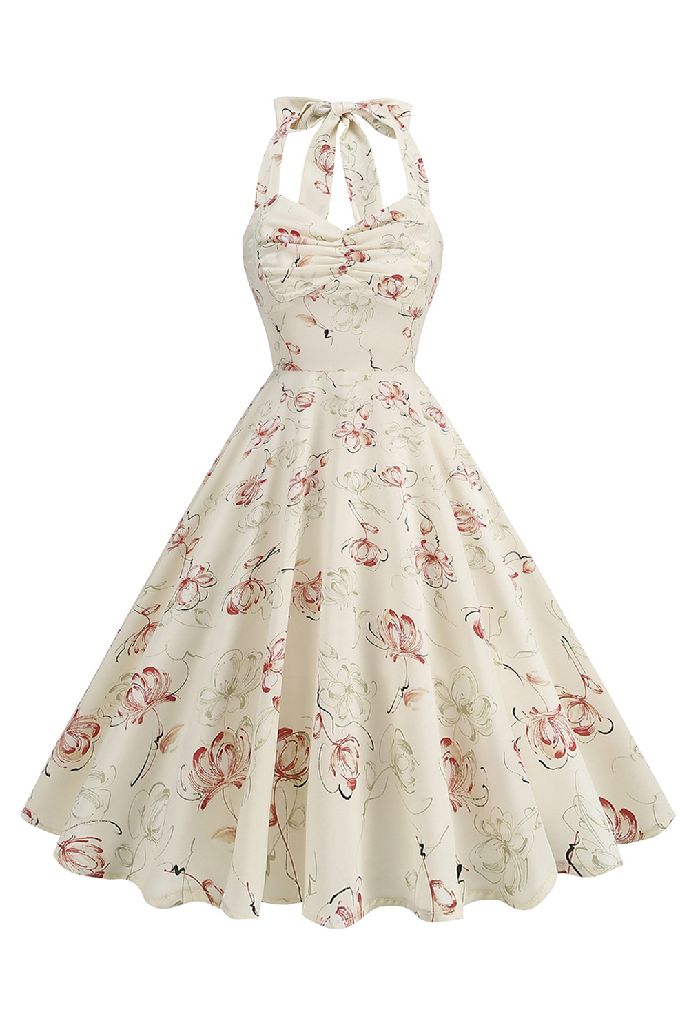 Elegant Vintage Black Grid 1950s A-Line Swing Dress with Halter Neckline