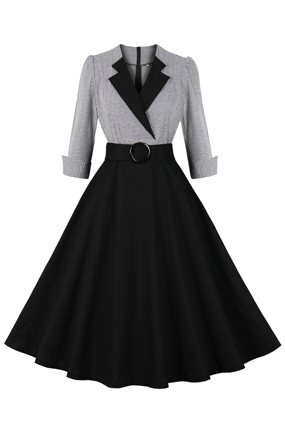 Modest Vintage Black Grid A-Line Swing Dress with Belt