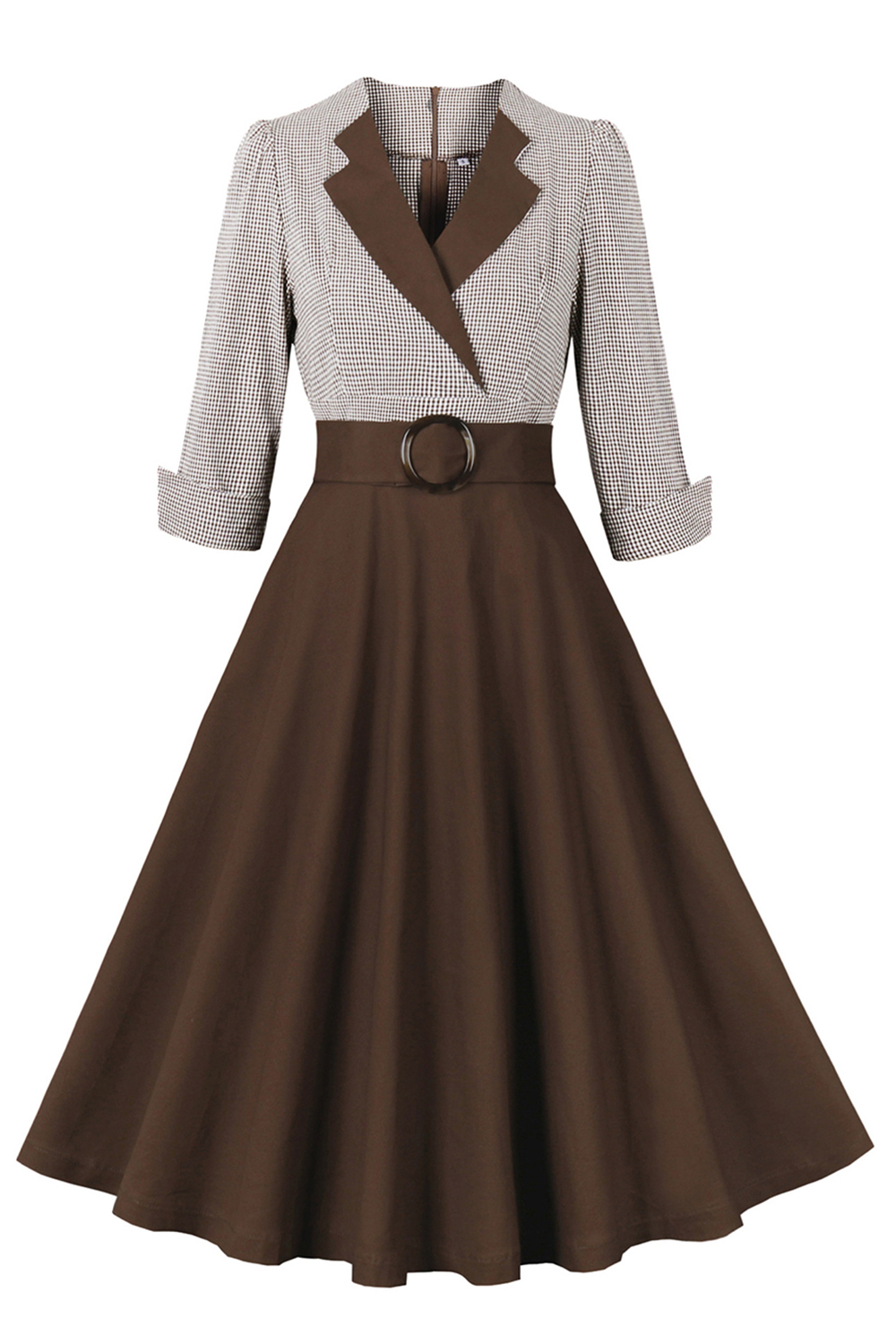 Modest Vintage Black Grid A-Line Swing Dress with Belt