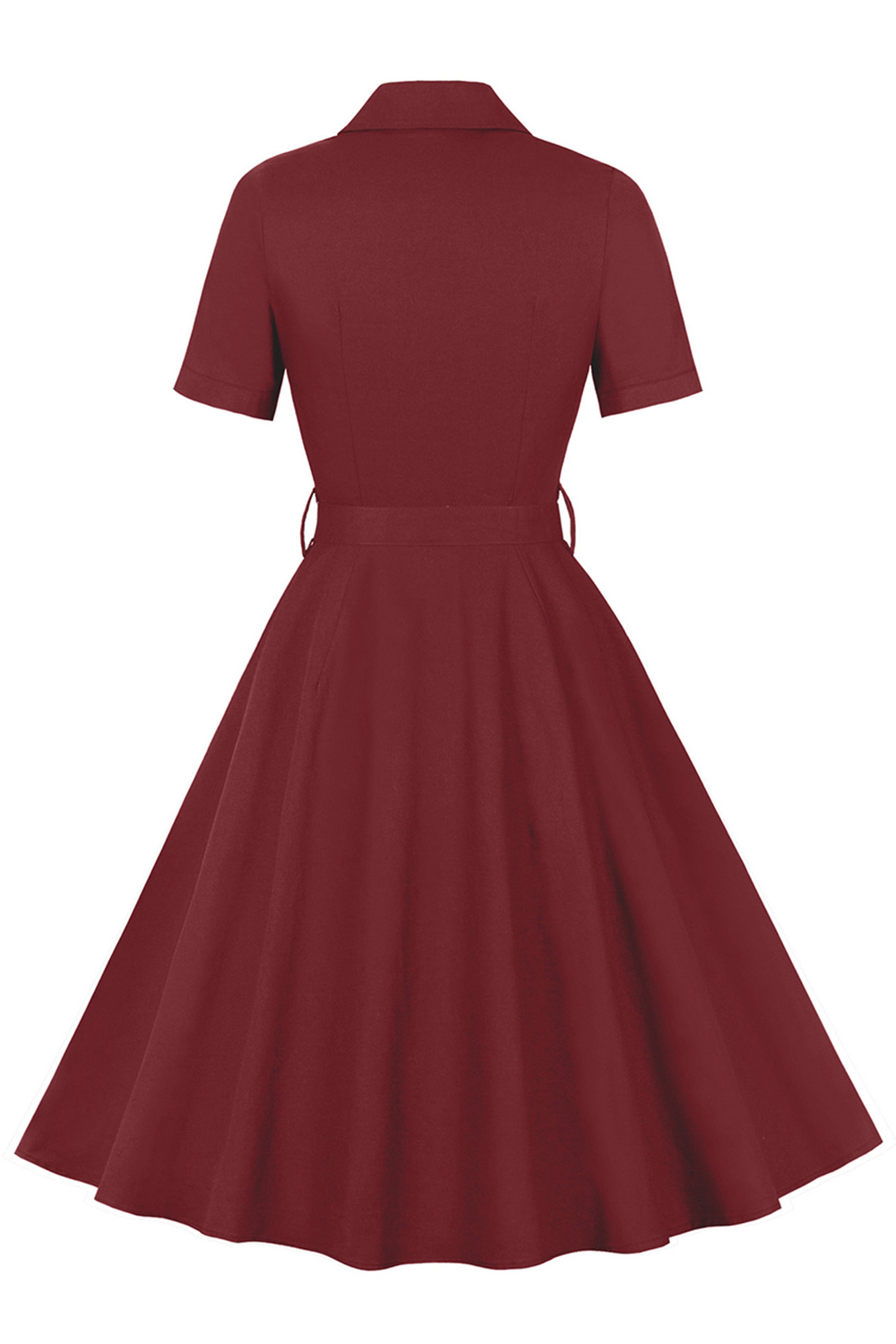 Modest Burgundy Collared A-Line Swing Vintage Dress with Belt