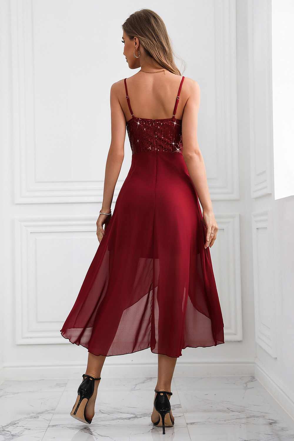 Elegant Burgundy Irregular Shiny Spaghetti Straps Cocktail Party Dress