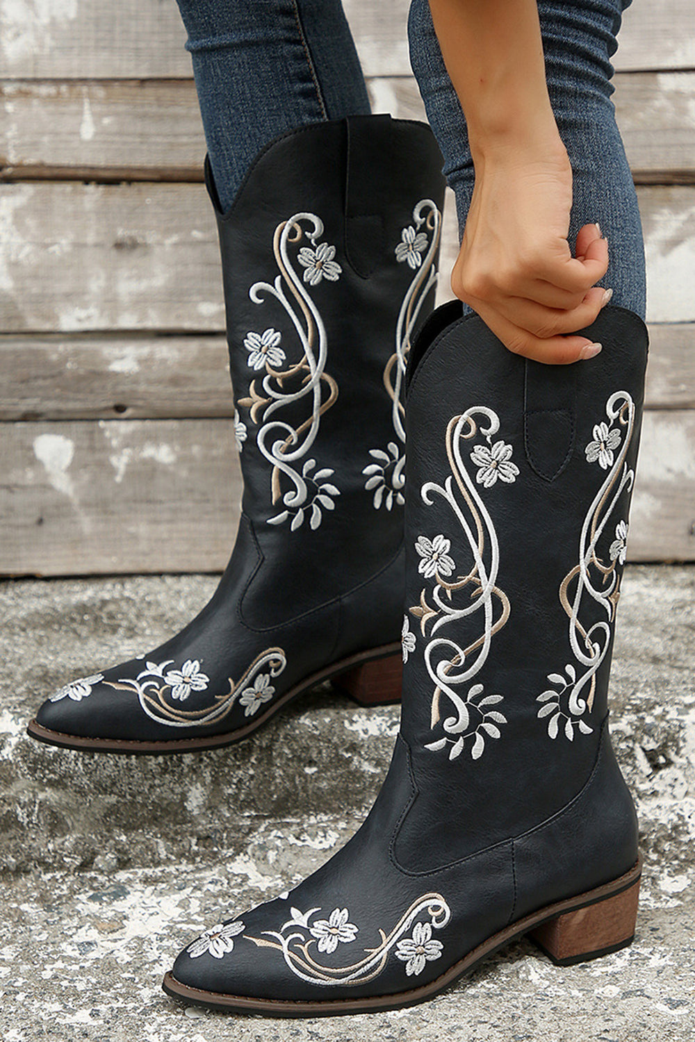 Black Square Toe Block Heel Embroidered Cowgirl Boots