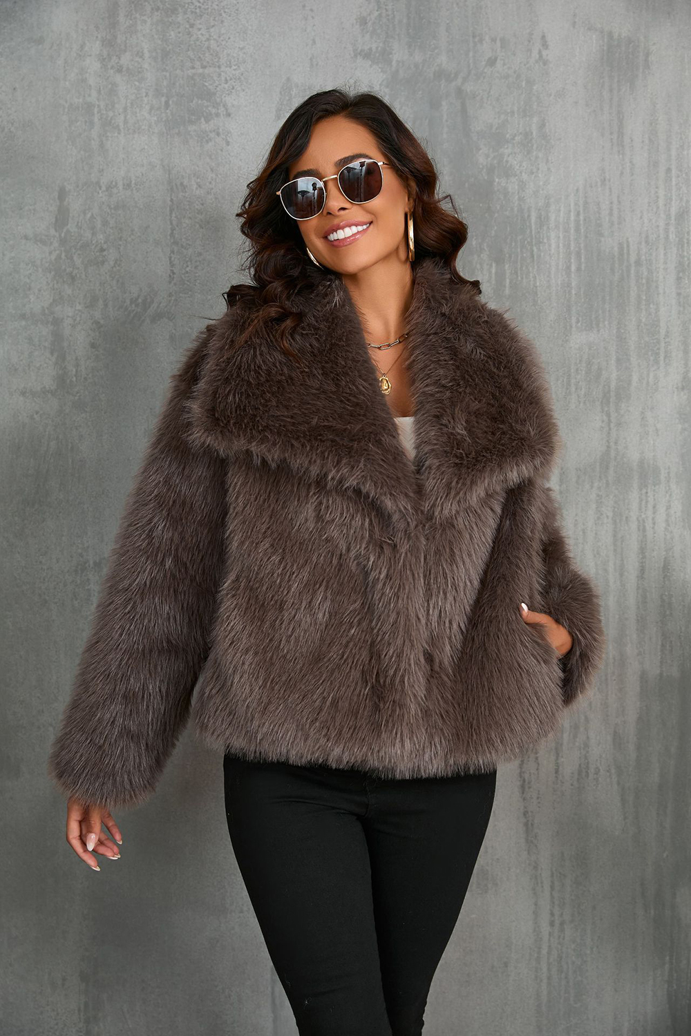 Shawl Lapel Short Fitted Faux Fur