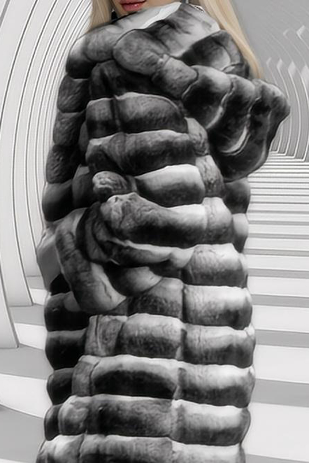 Grey White Notched Lapel Striped Long Shearling Coat