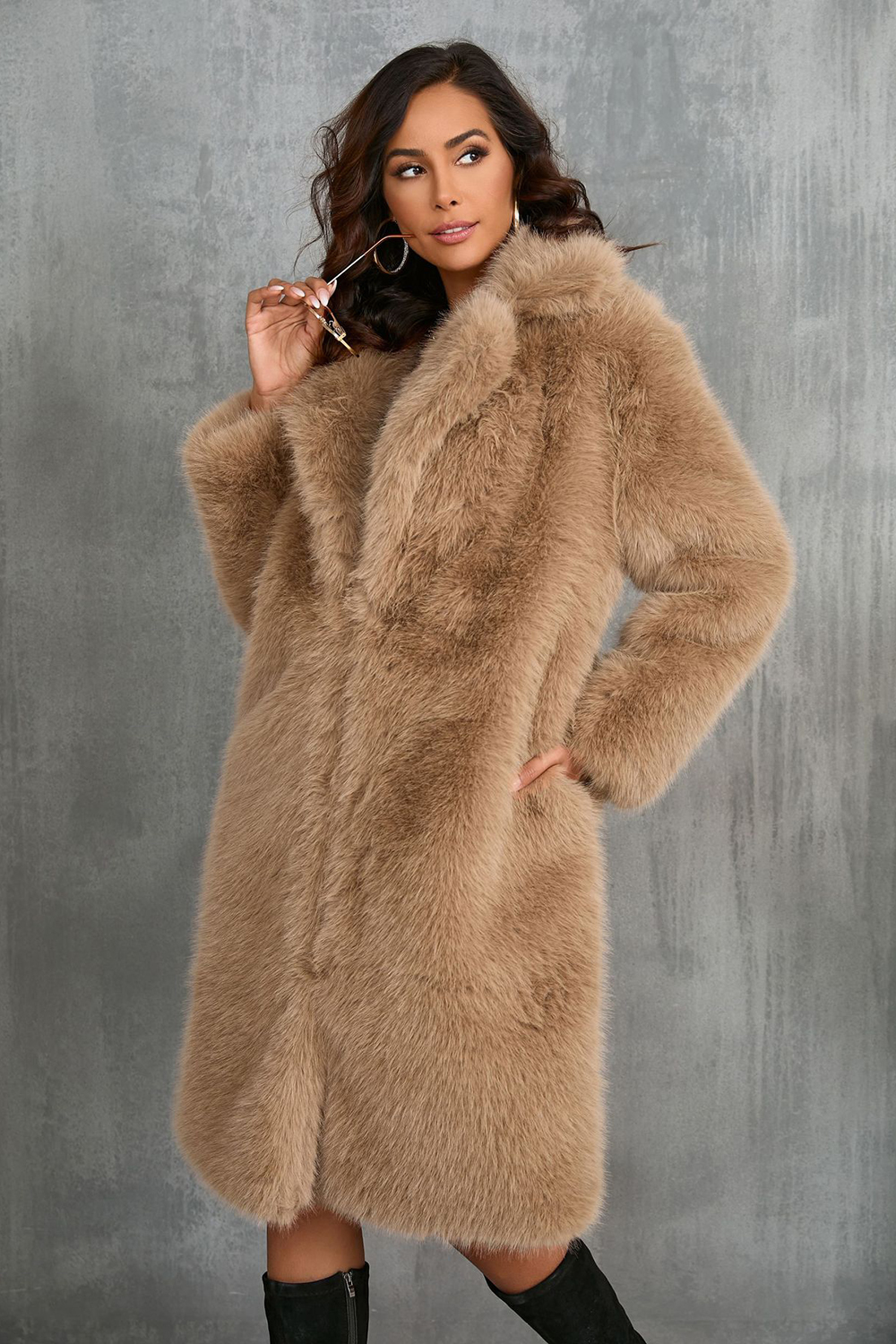 Camel Notched Lapel Long Faux Fur Long Shaggy Women Coat
