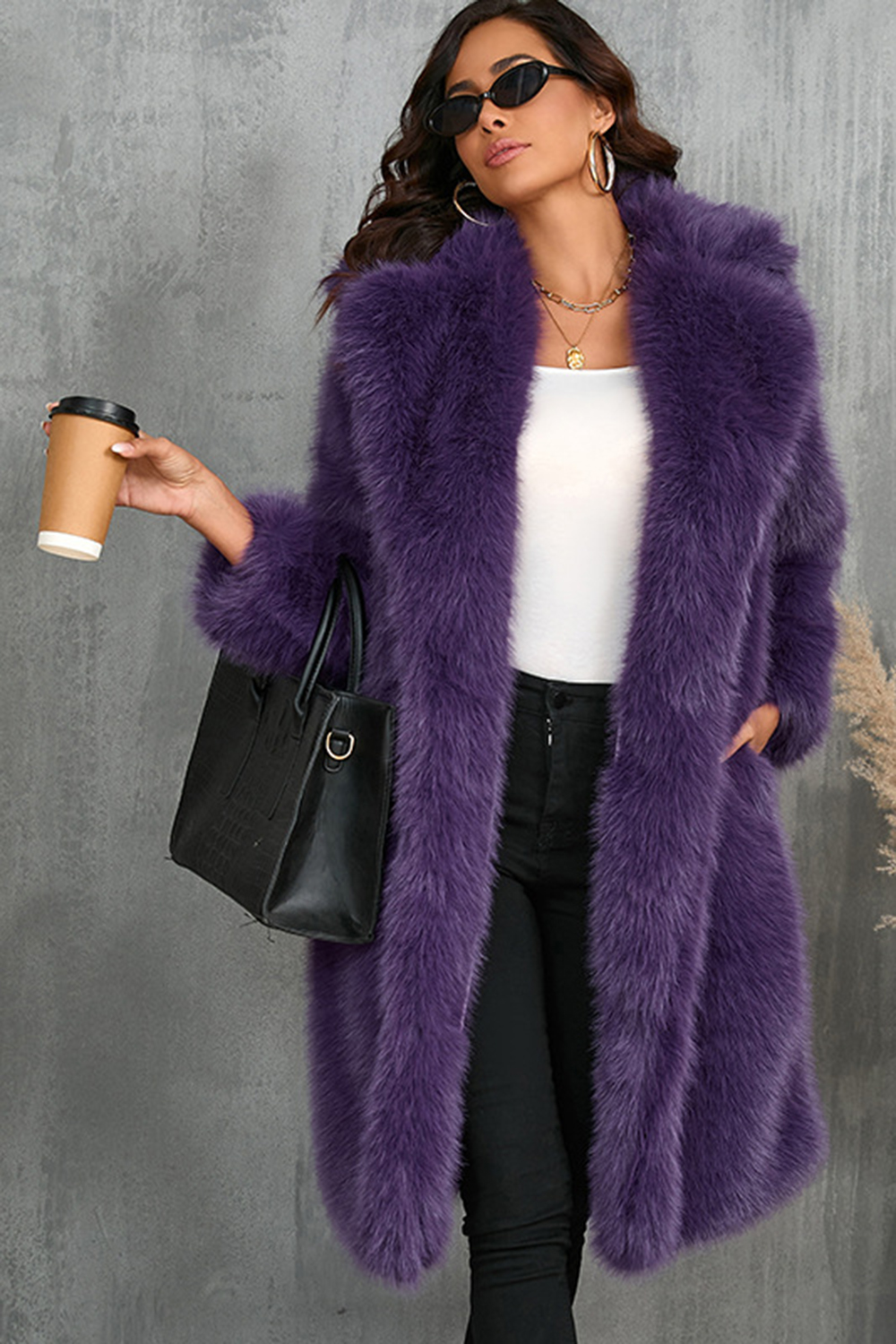 Camel Notched Lapel Long Faux Fur Long Shaggy Women Coat