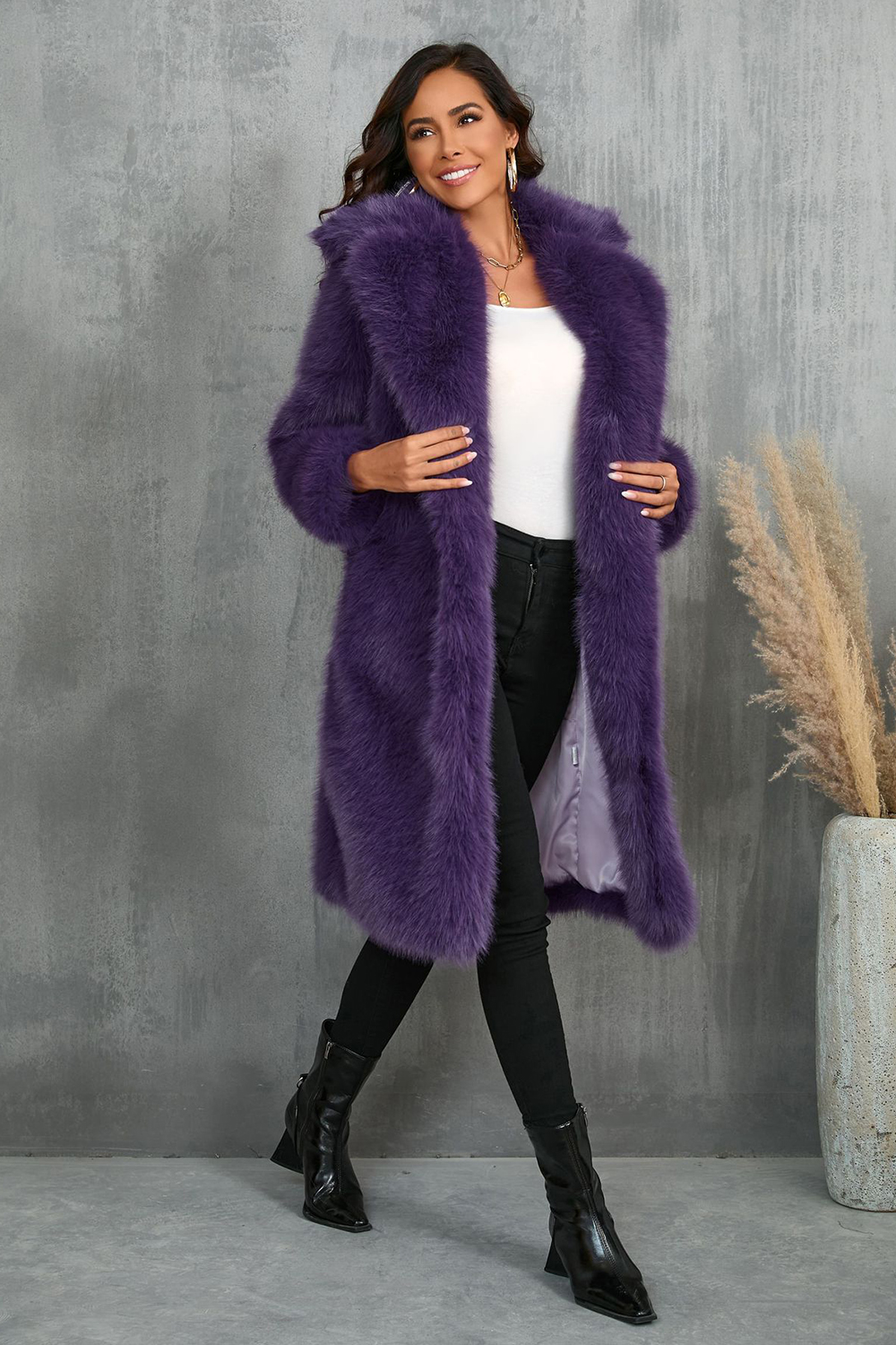 Camel Notched Lapel Long Faux Fur Long Shaggy Women Coat
