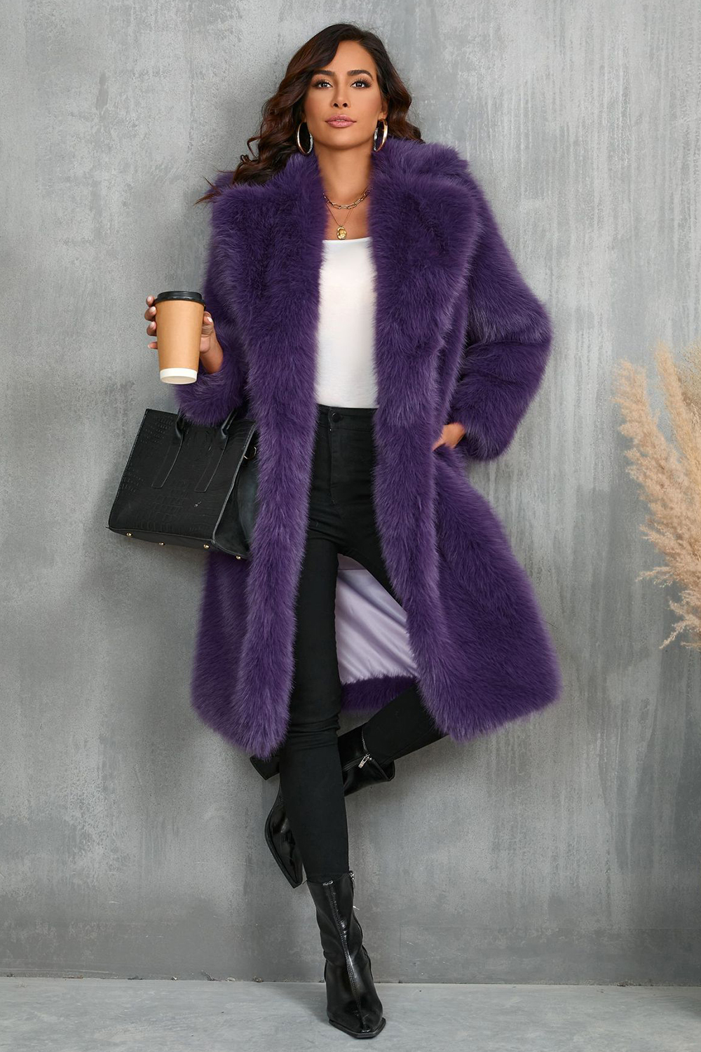 Camel Notched Lapel Long Faux Fur Long Shaggy Women Coat