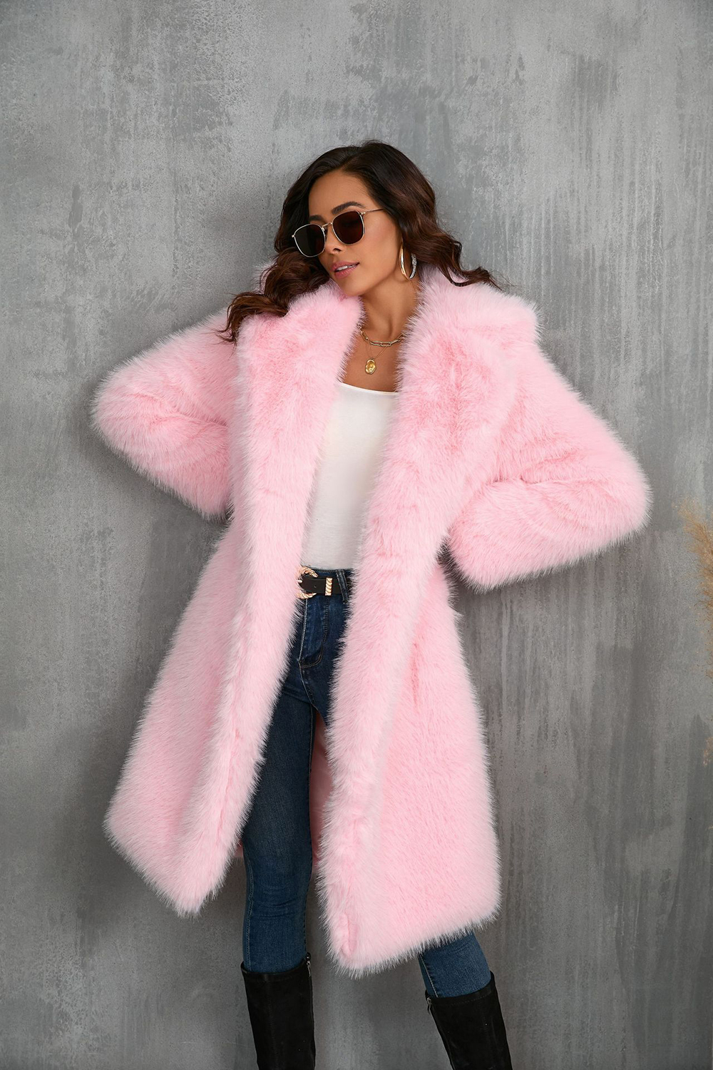 Camel Notched Lapel Long Faux Fur Long Shaggy Women Coat