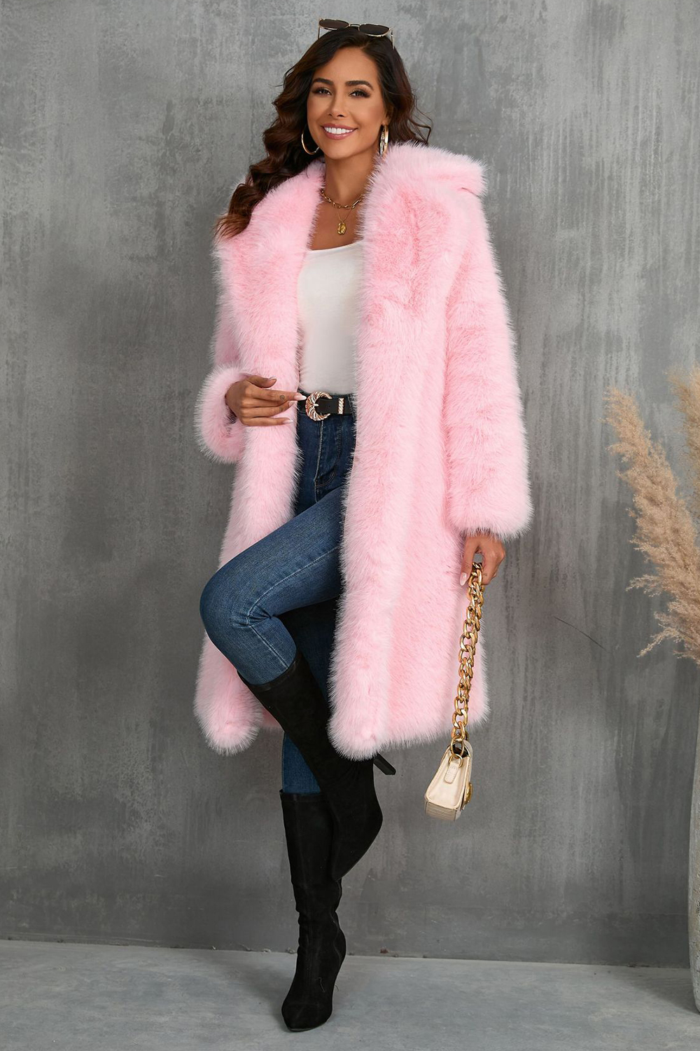 Camel Notched Lapel Long Faux Fur Long Shaggy Women Coat