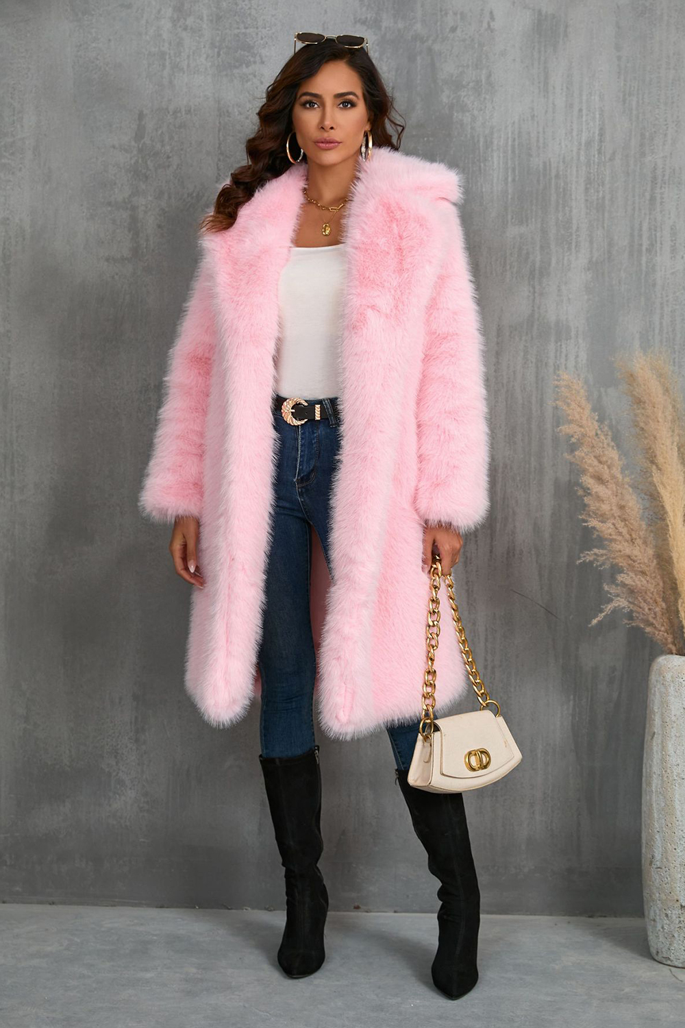 Camel Notched Lapel Long Faux Fur Long Shaggy Women Coat