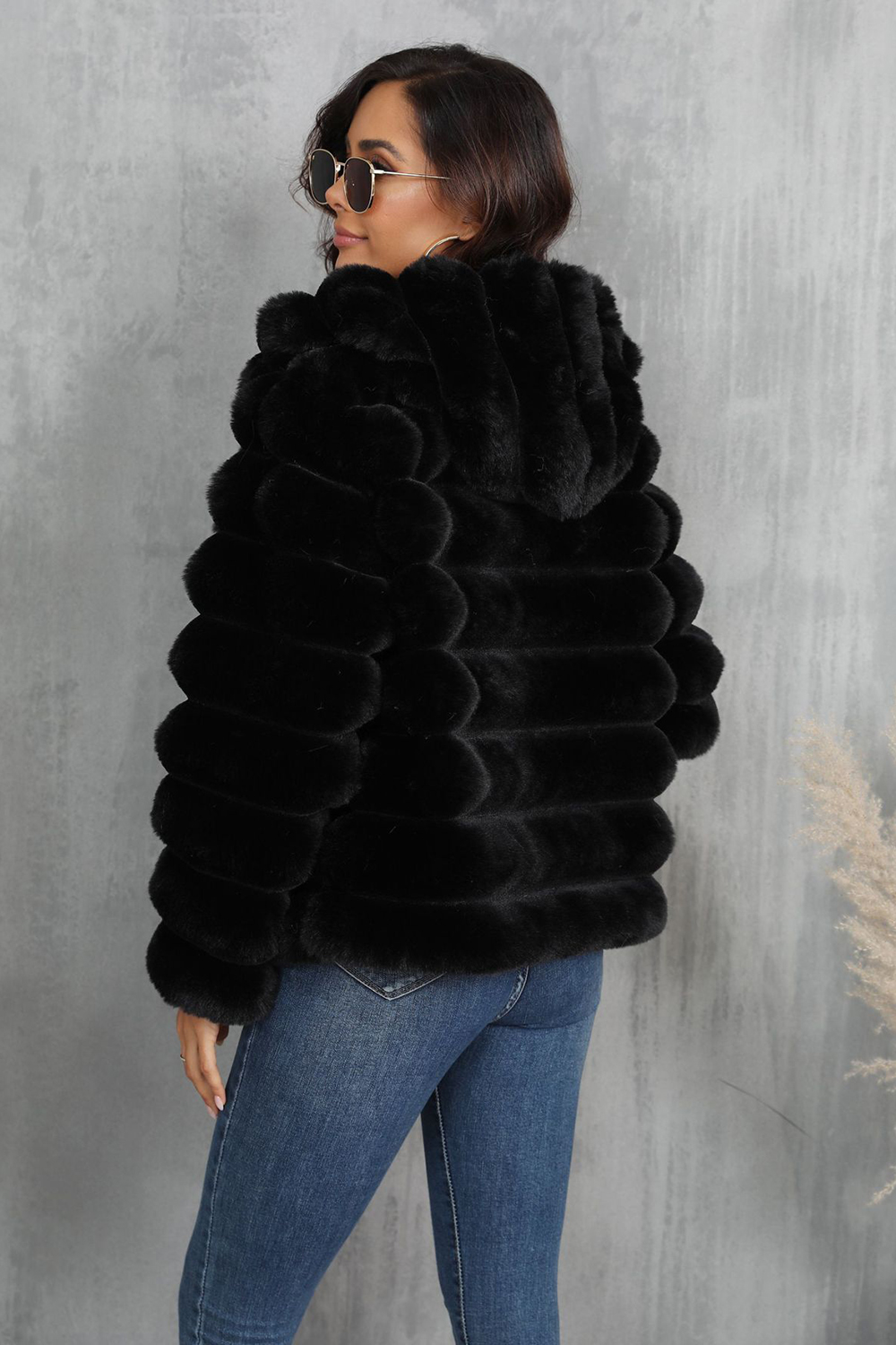 Black Fluffy Faux Fur Cropped Zip Up Coat with Hood