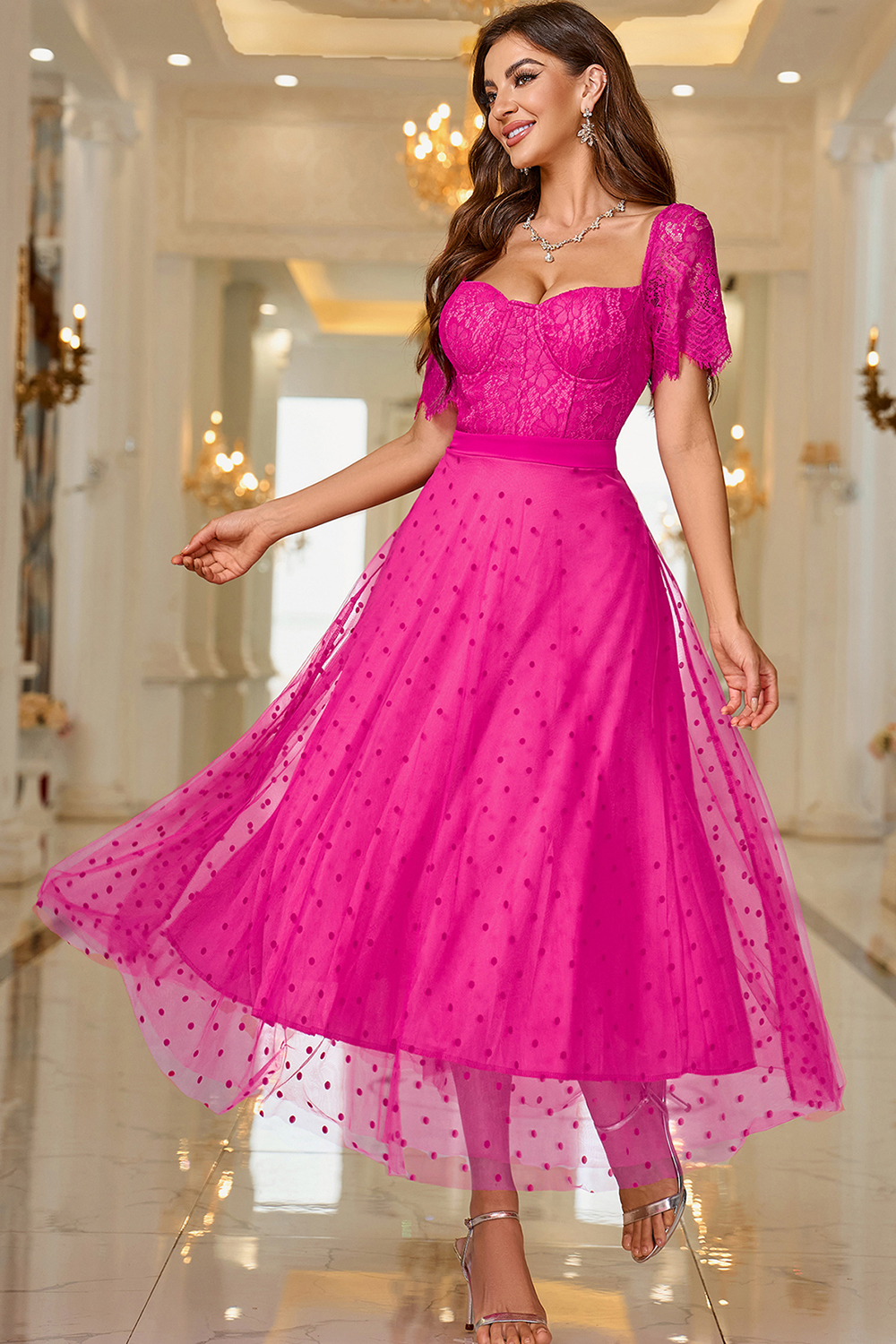 Elegant Pink A Line Maxi Formal Dress With Lace
