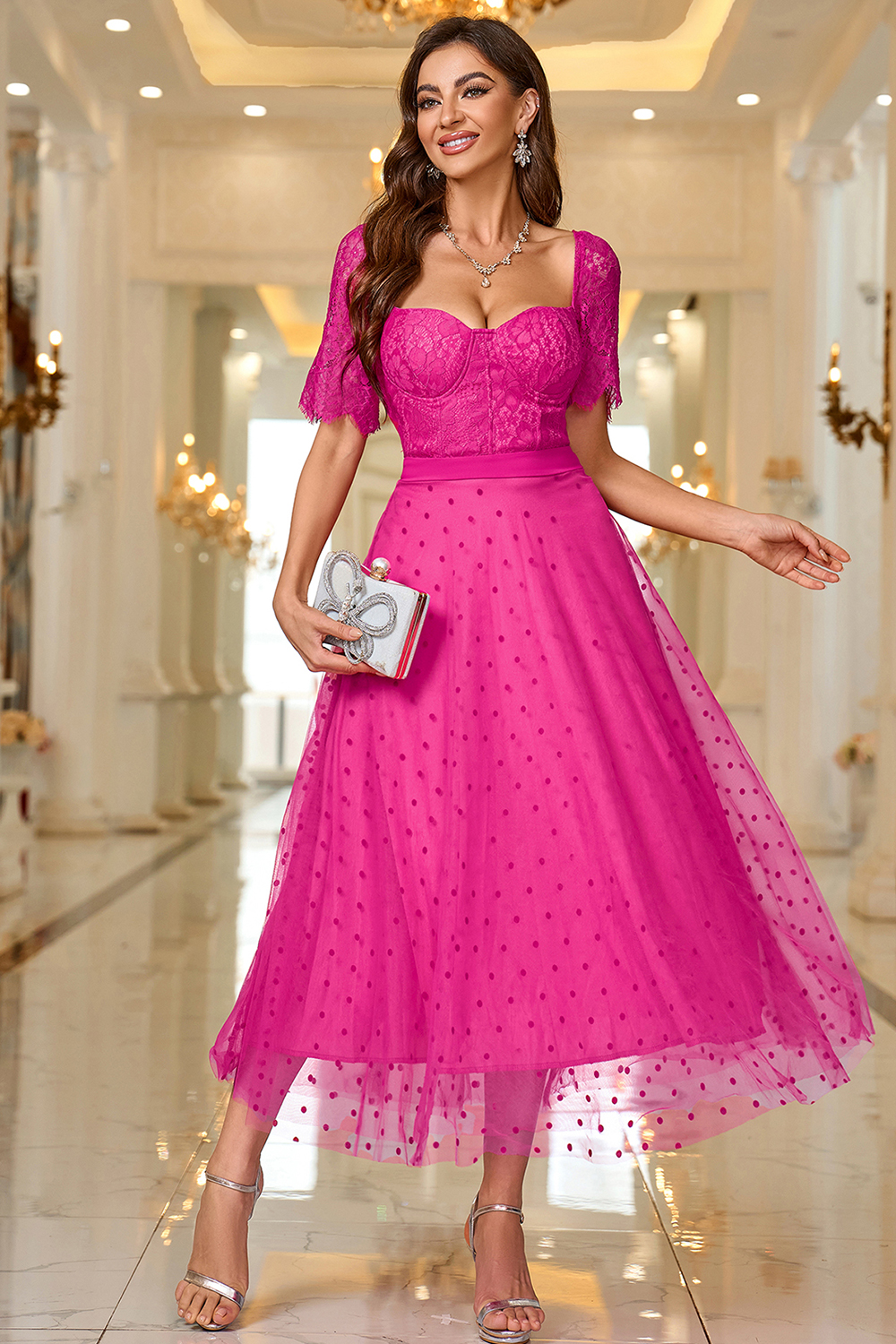 Elegant Pink A Line Maxi Formal Dress With Lace