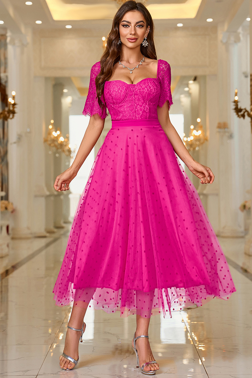 Elegant Pink A Line Maxi Formal Dress With Lace