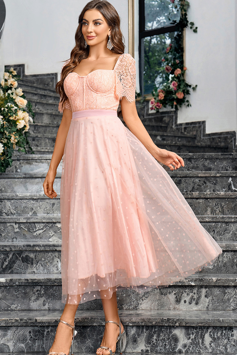 Elegant Pink A Line Maxi Formal Dress With Lace