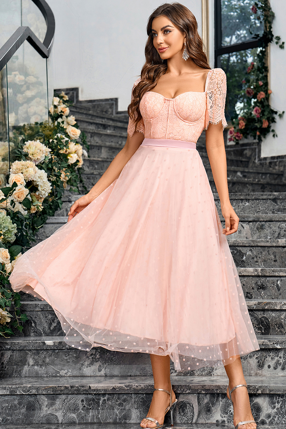 Elegant Pink A Line Maxi Formal Dress With Lace