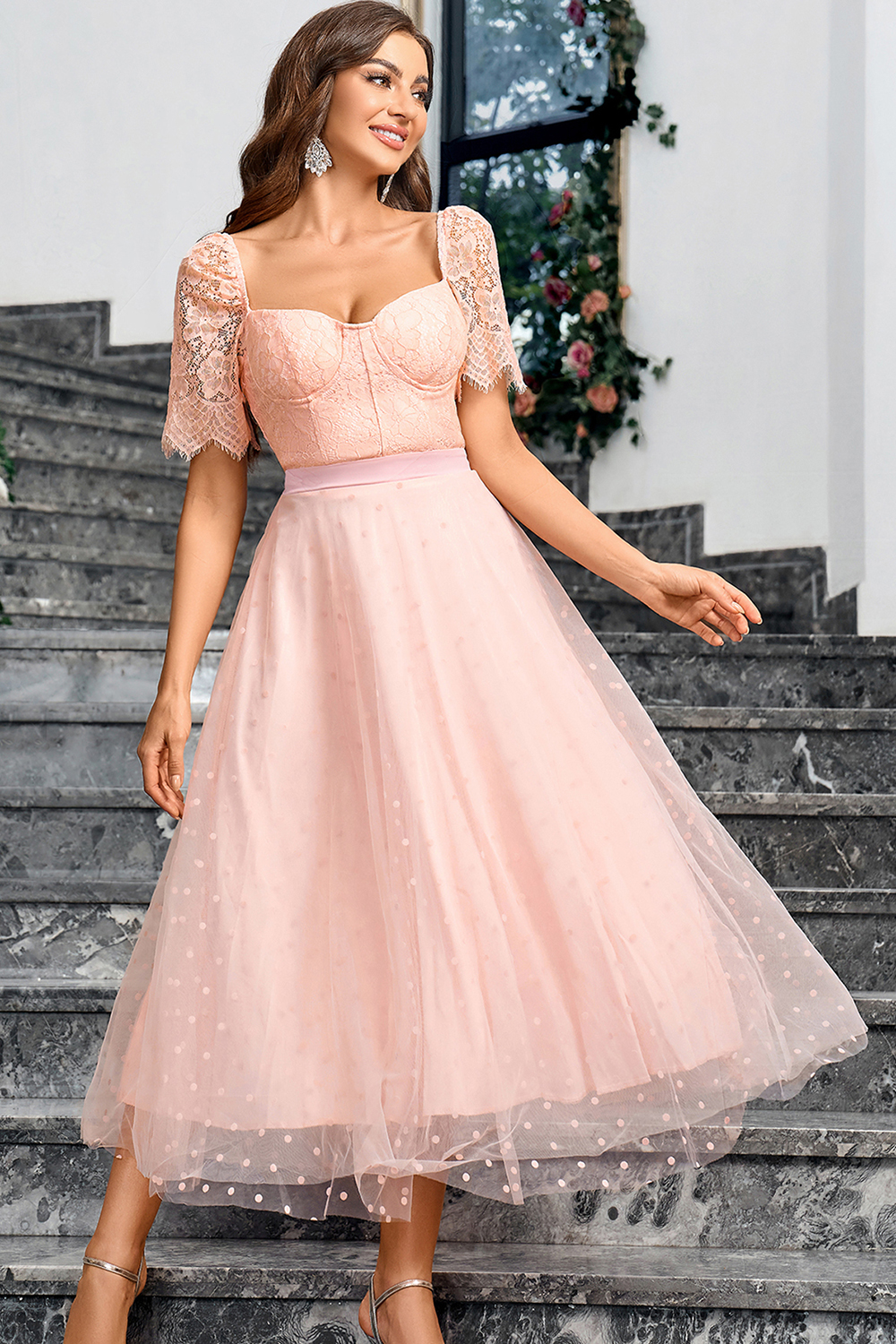 Elegant Pink A Line Maxi Formal Dress With Lace