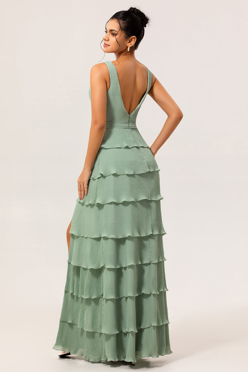 Dusty Sage Chiffon Tiered A-Line Long Wedding Guest Dress with Slit