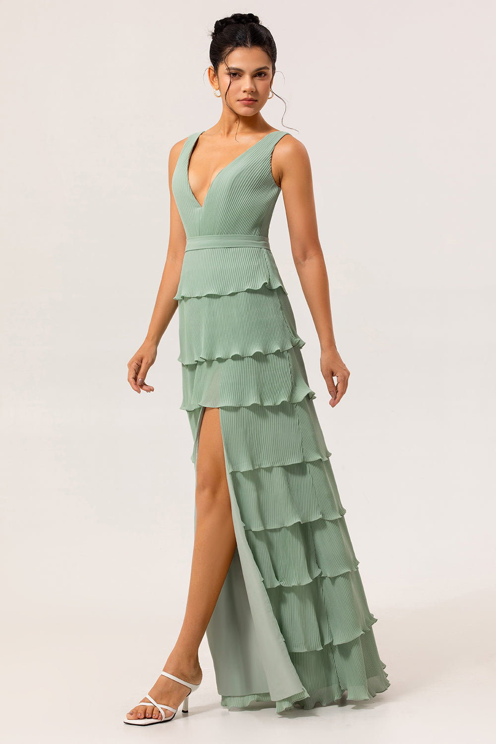 Dusty Sage Chiffon Tiered A-Line Long Wedding Guest Dress with Slit