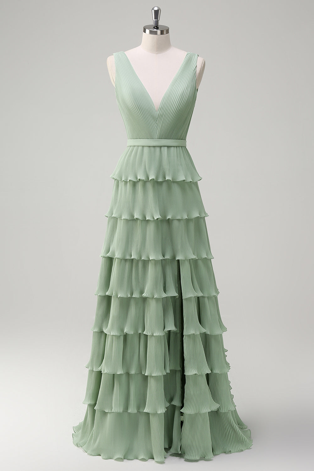 Dusty Sage Chiffon Tiered A-Line Long Wedding Guest Dress with Slit