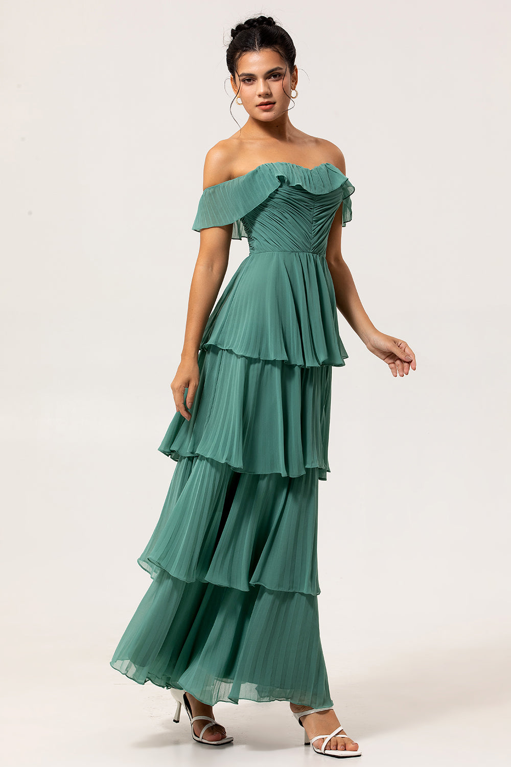 Eucalyptus Off the Shoulder A Line Long Tiered Wedding Guest Dress