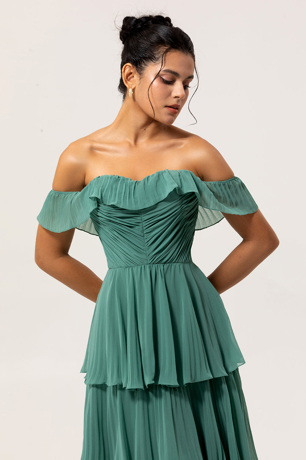 Eucalyptus Off the Shoulder A Line Long Tiered Wedding Guest Dress