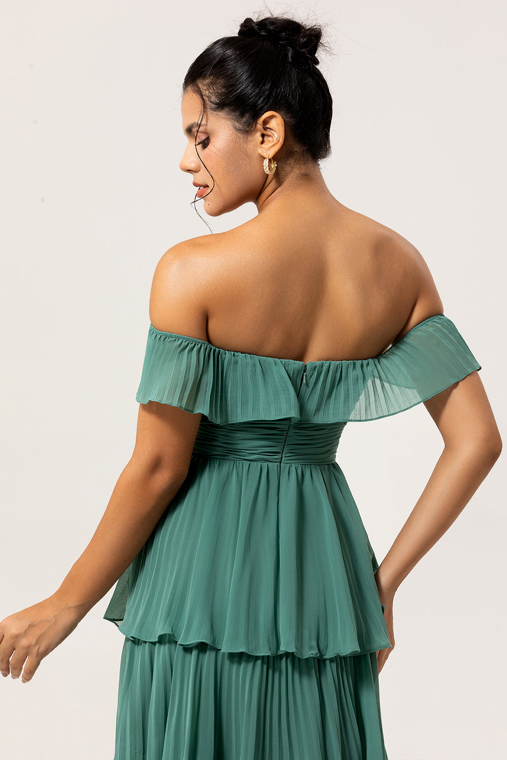 Eucalyptus Off the Shoulder A Line Long Tiered Wedding Guest Dress