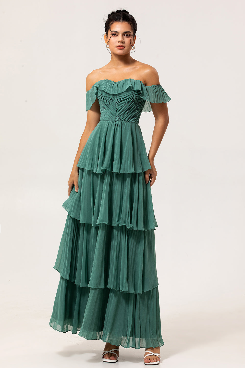 Eucalyptus Off the Shoulder A Line Long Tiered Wedding Guest Dress