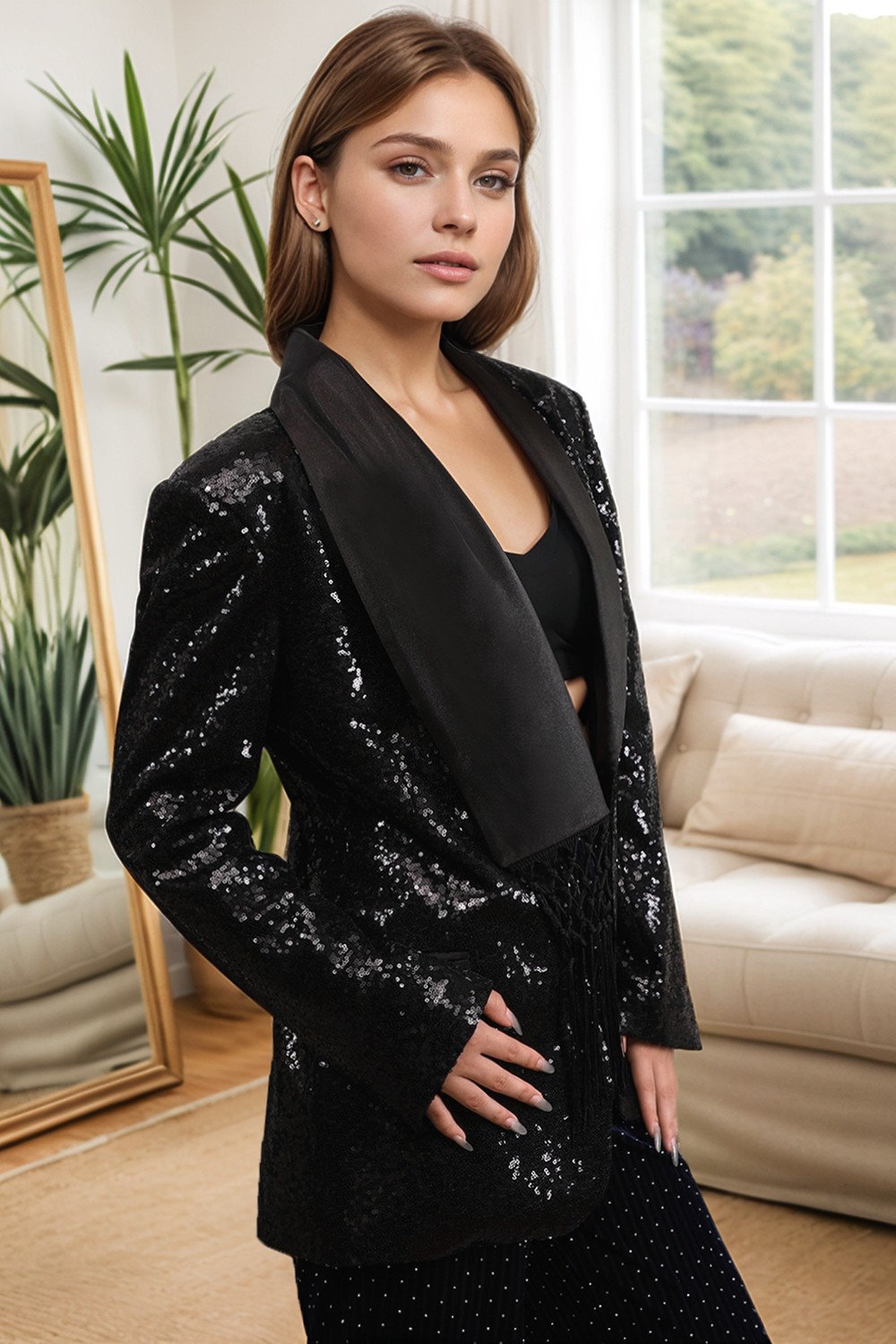 Sequin Women's Blazer with Fringe and Shiny Lapel