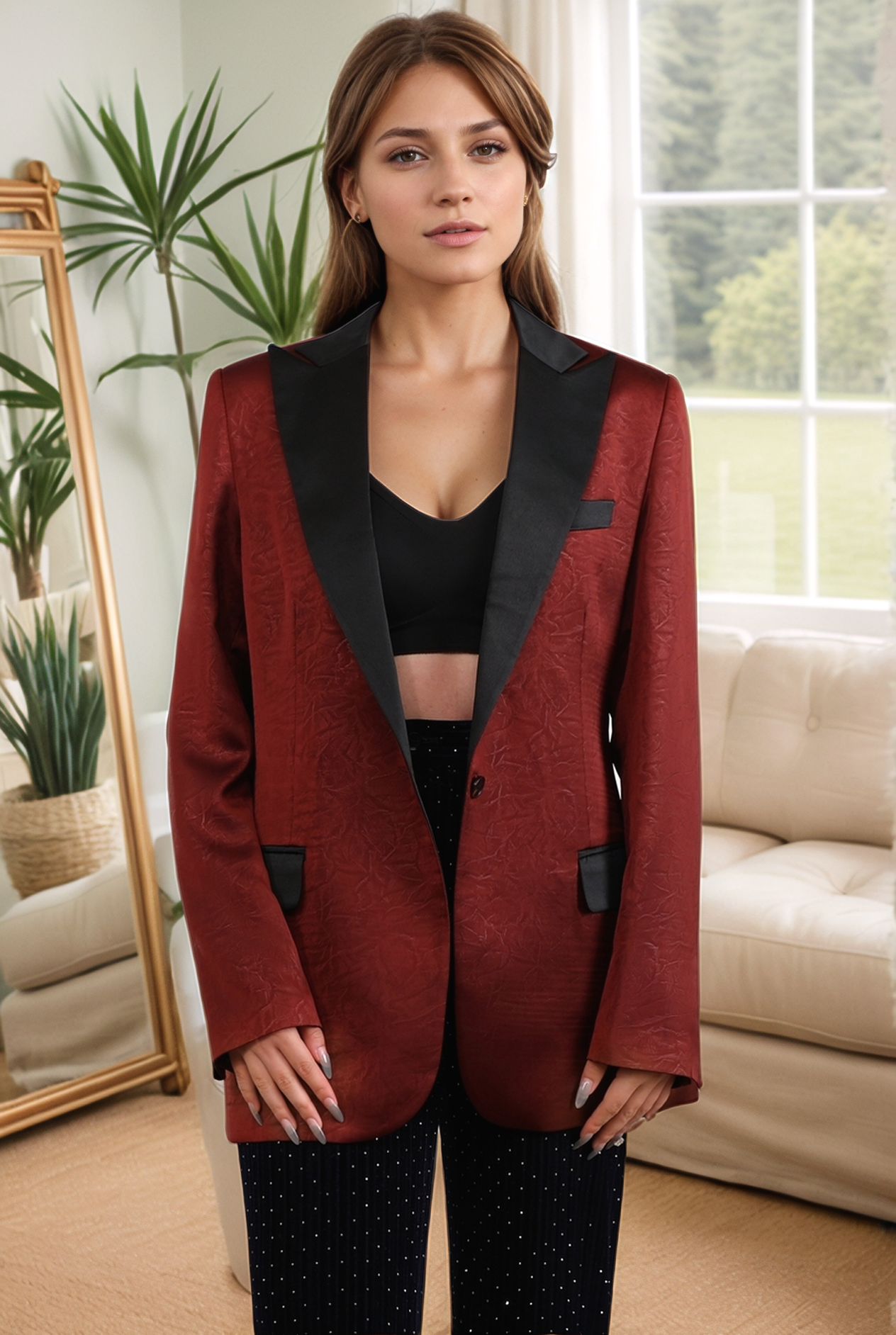 Chic Rust Lapel Long Sleeve Women's Suit for Formal Occasions