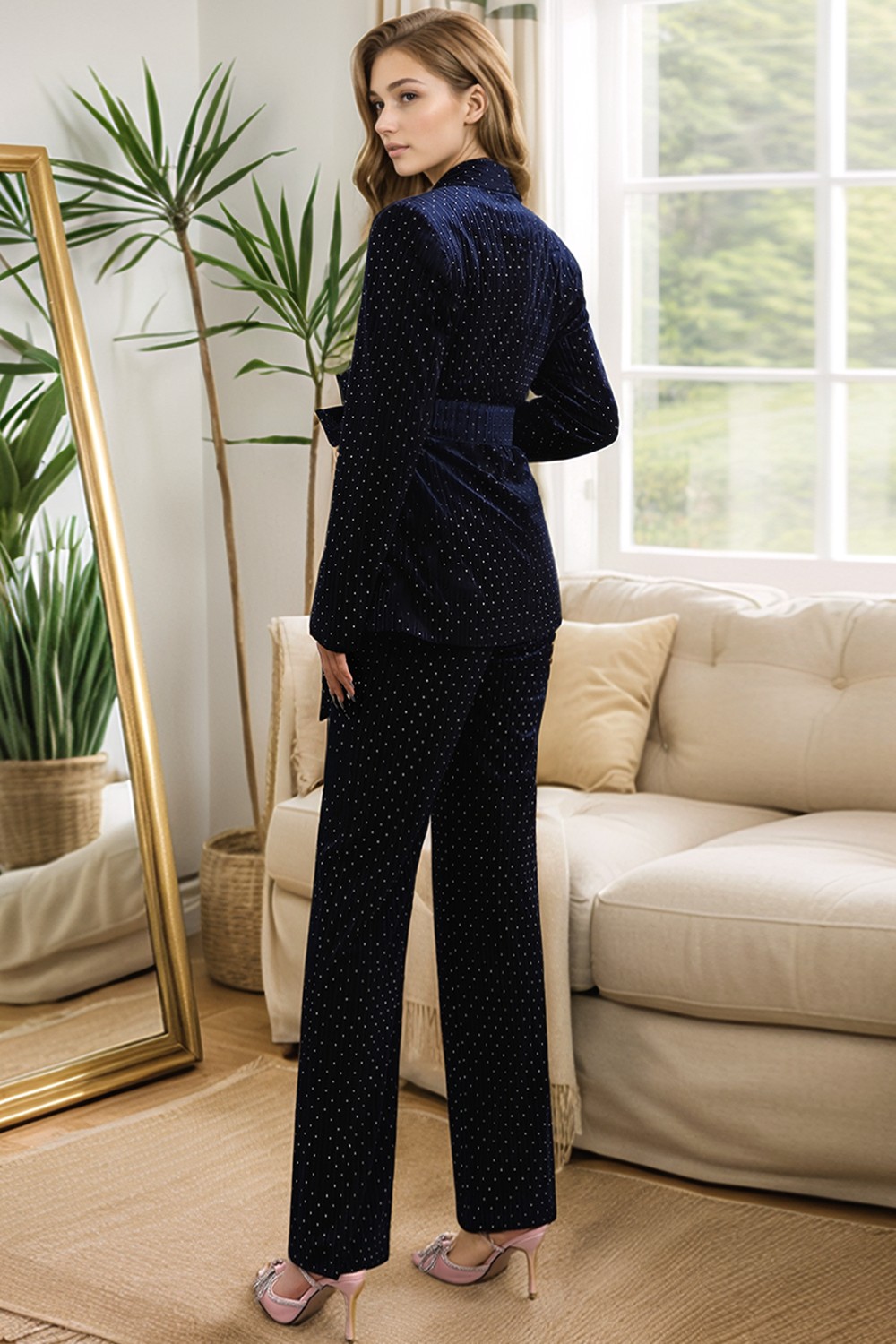 Trendy Navy Suit Set with Belt and Polka Dot Accents