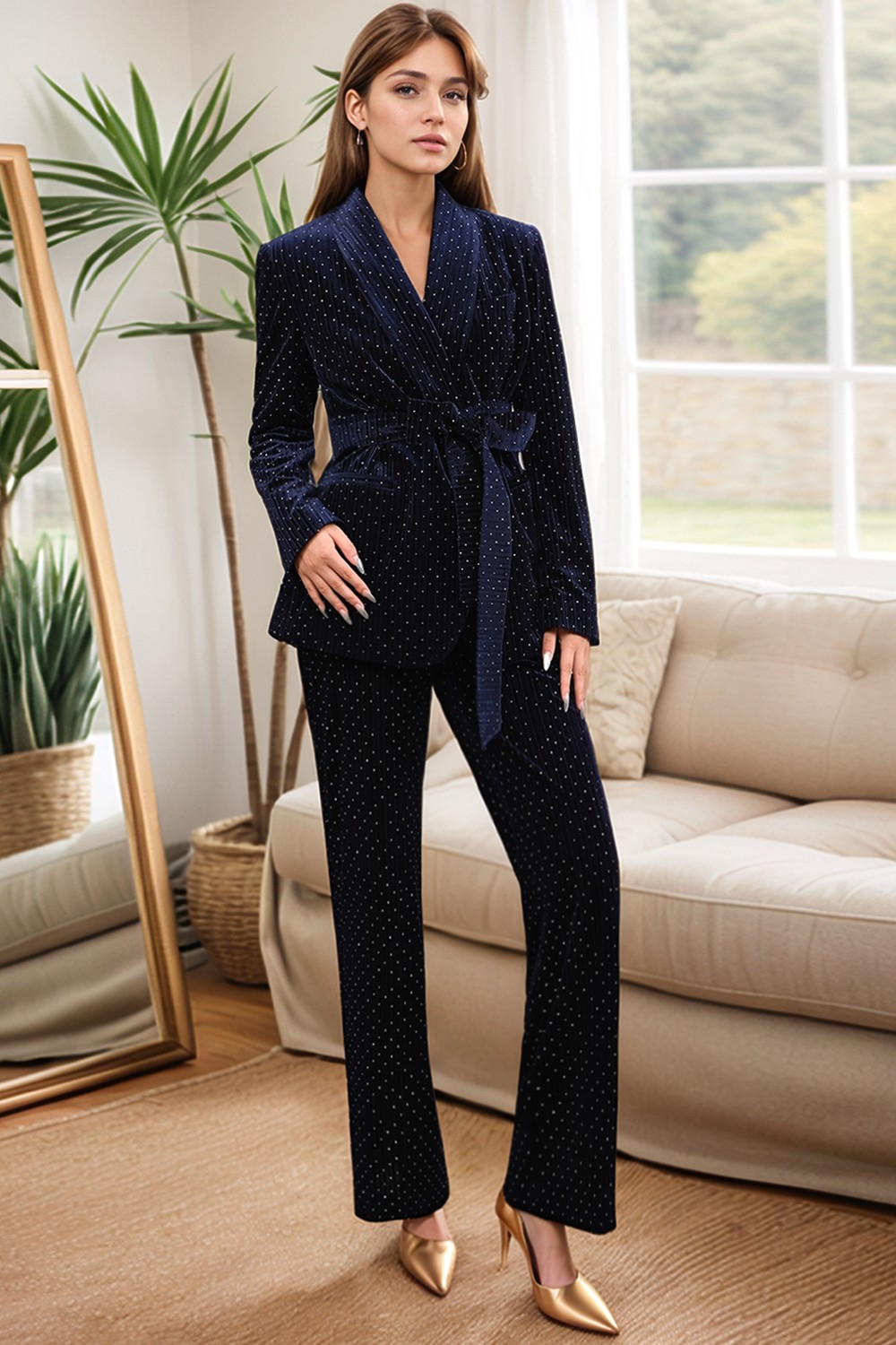 Trendy Navy Suit Set with Belt and Polka Dot Accents