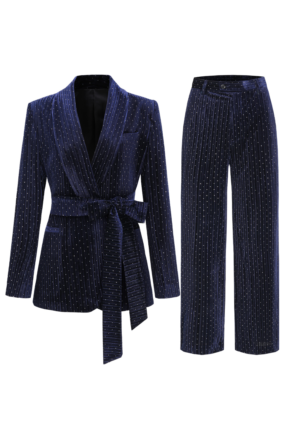 Trendy Navy Suit Set with Belt and Polka Dot Accents