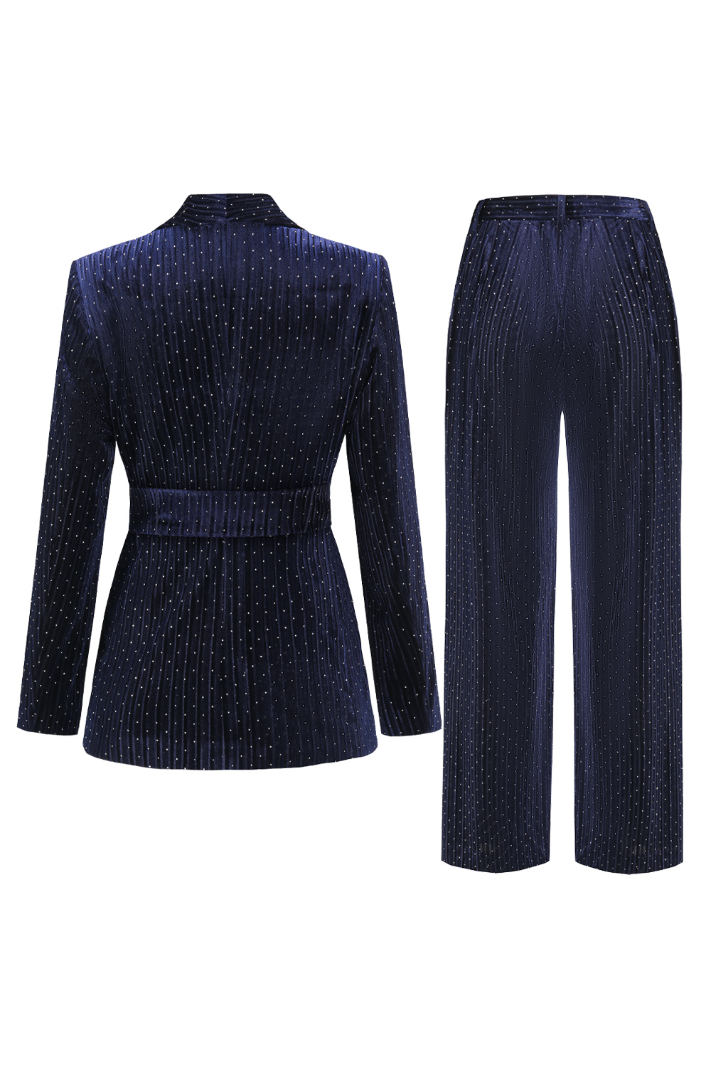 Trendy Navy Suit Set with Belt and Polka Dot Accents