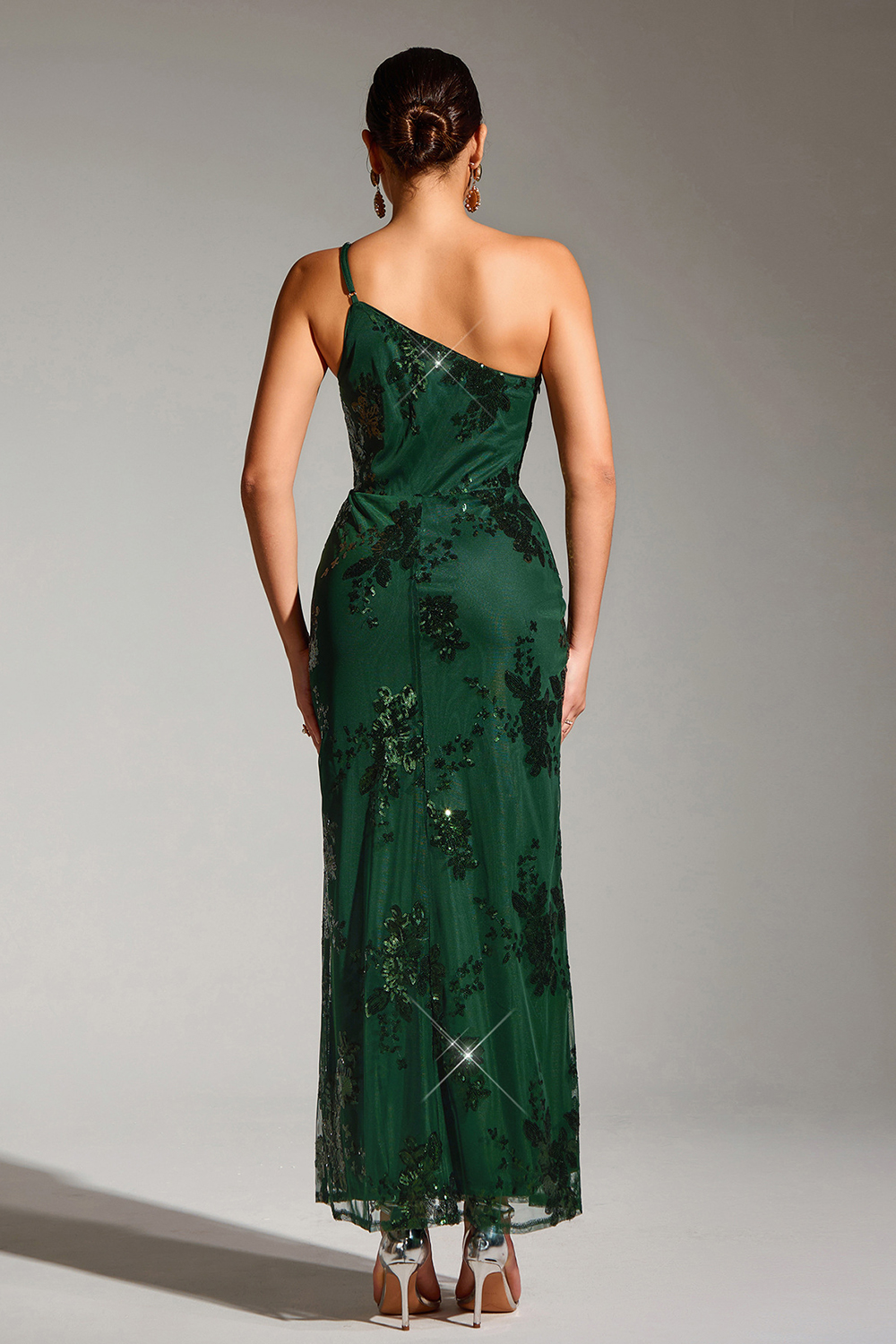 Sexy One-Shoulder Sequin Patchwork Spaghetti Strap A-Line Long Dress