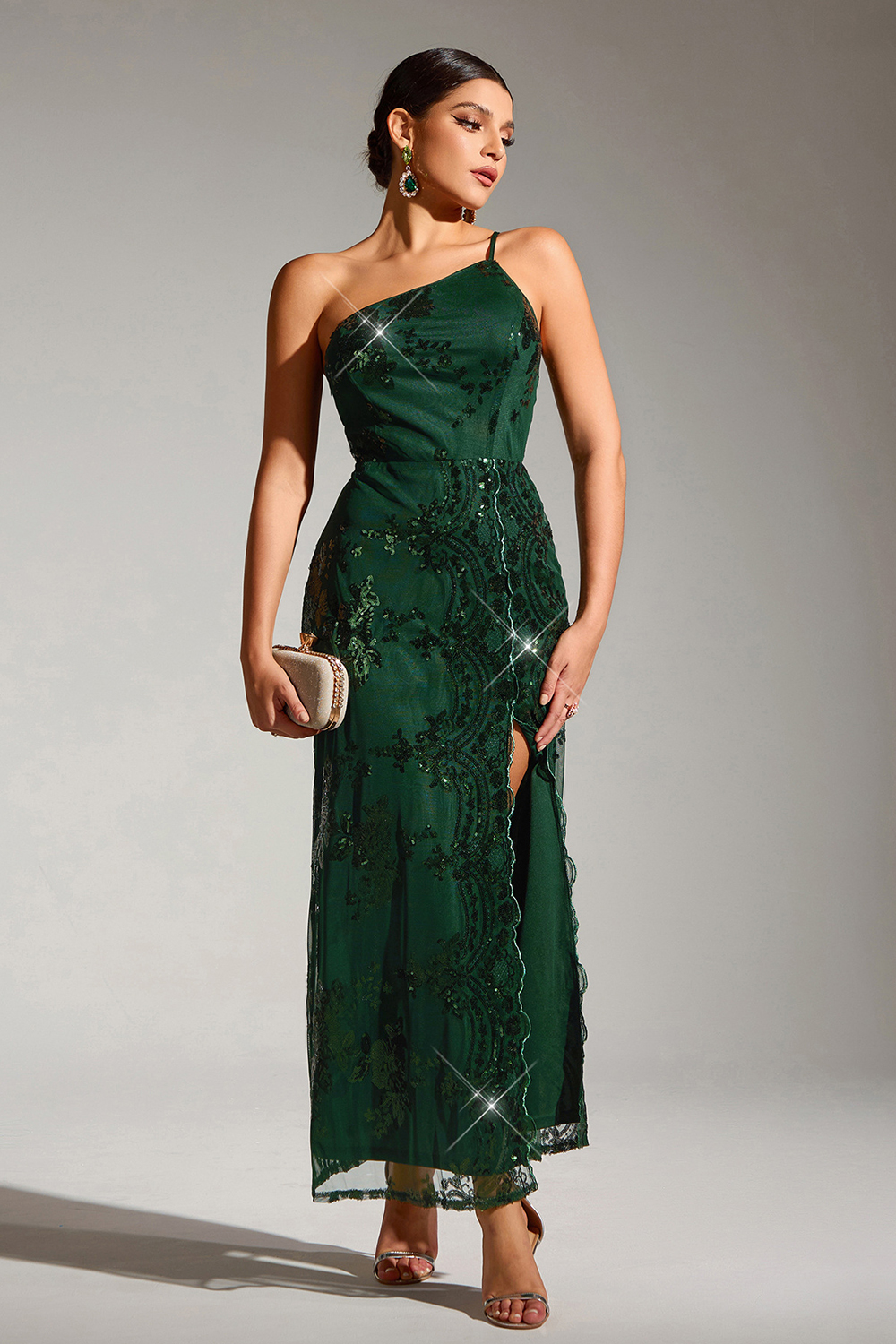 Sexy One-Shoulder Sequin Patchwork Spaghetti Strap A-Line Long Dress