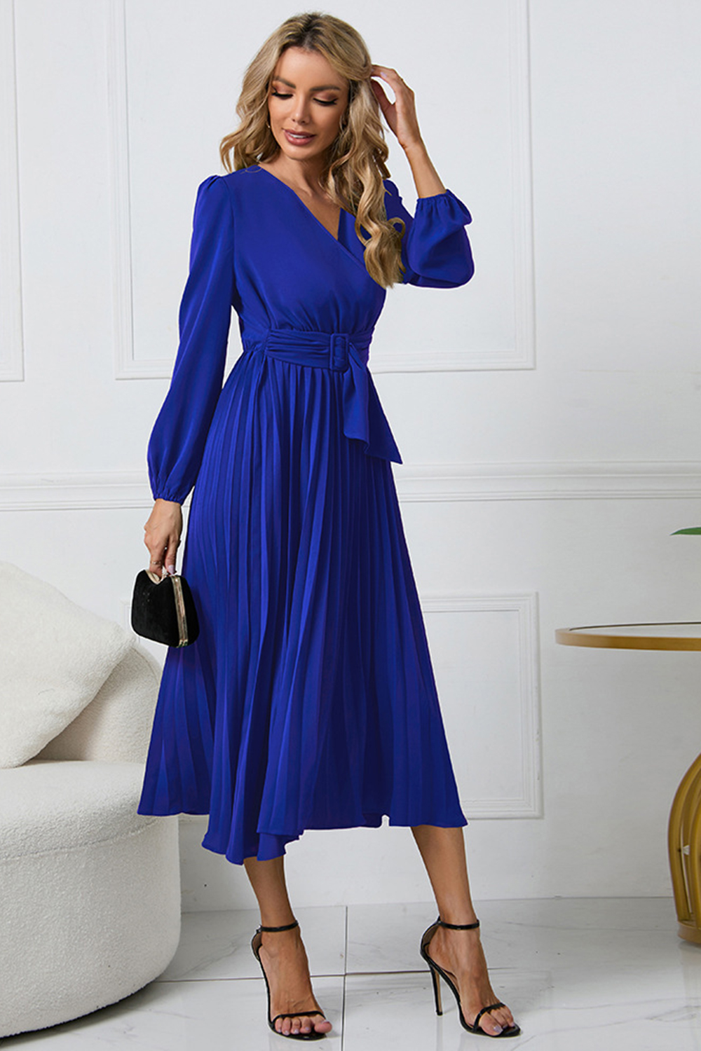 Elegant slim fitA-line Waist V-neck pleated cocktail dress