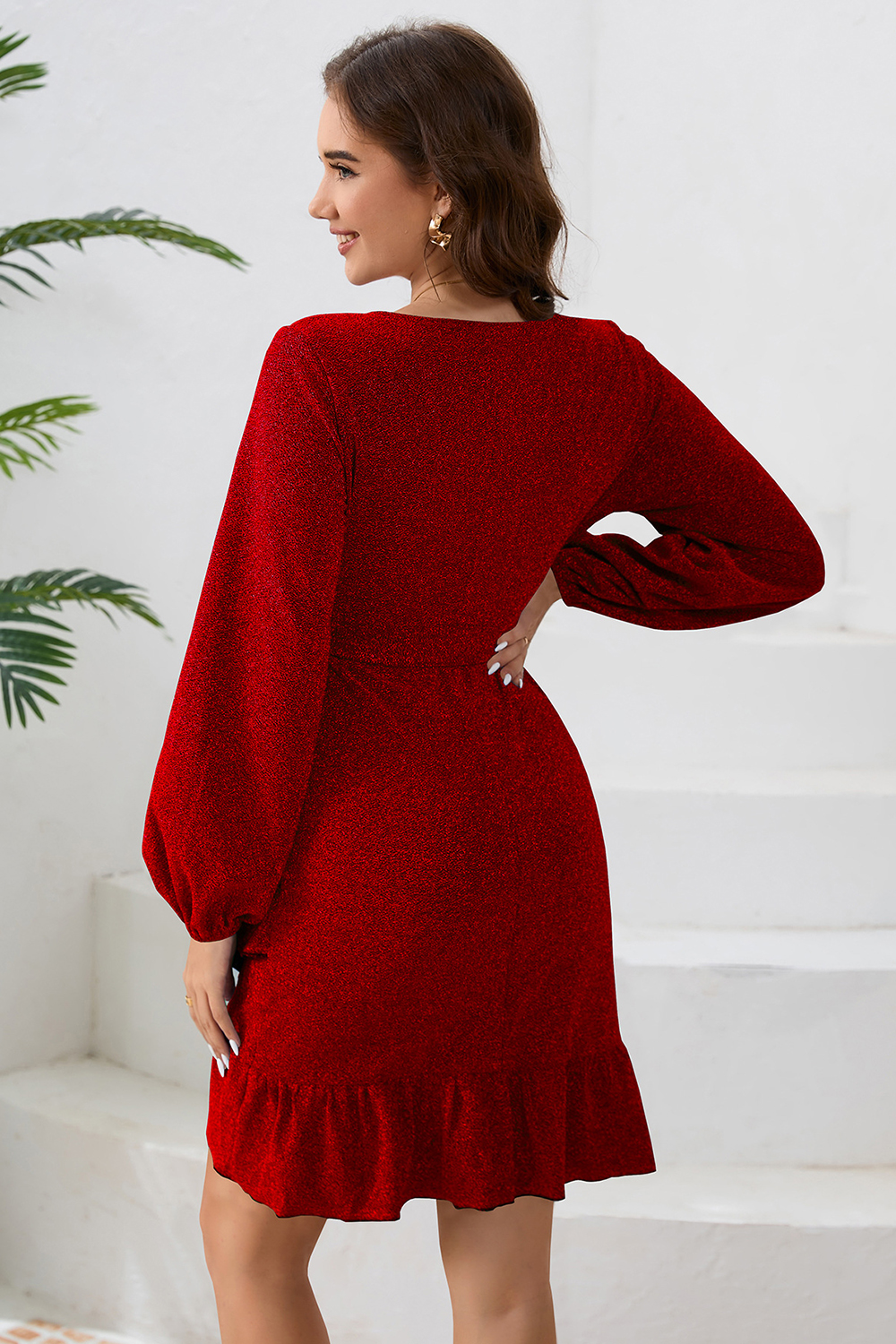 Sequined waist long sleeve tight bodysuit cocktail dress