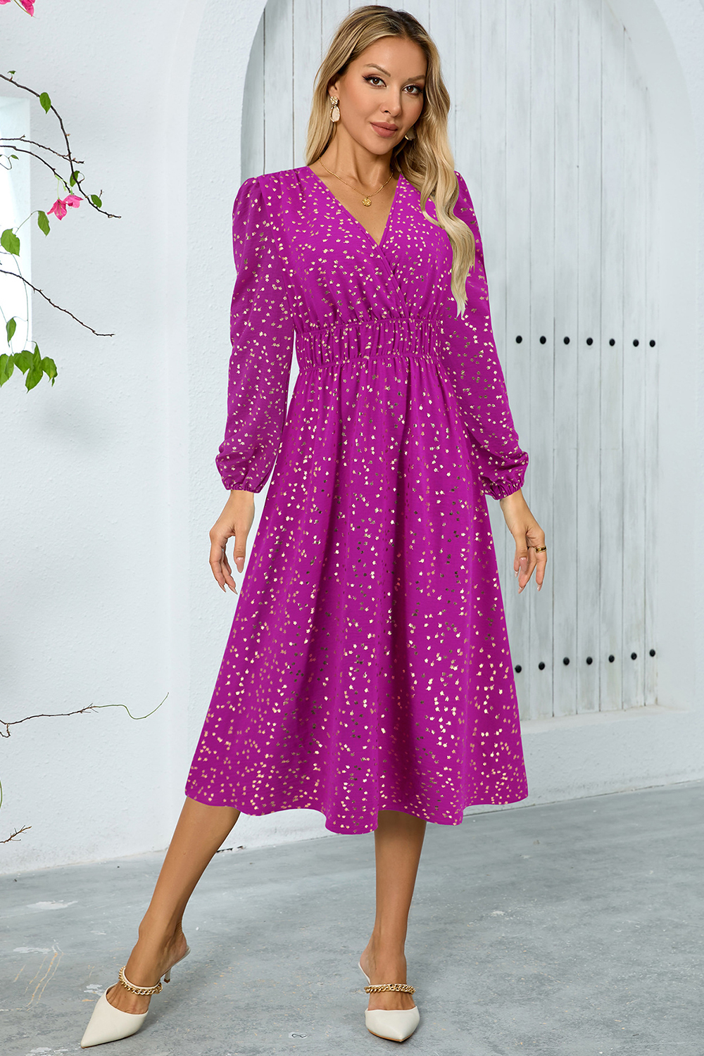 V-Neck Sequin Ruched Puff Sleeve Long Cocktail Dress
